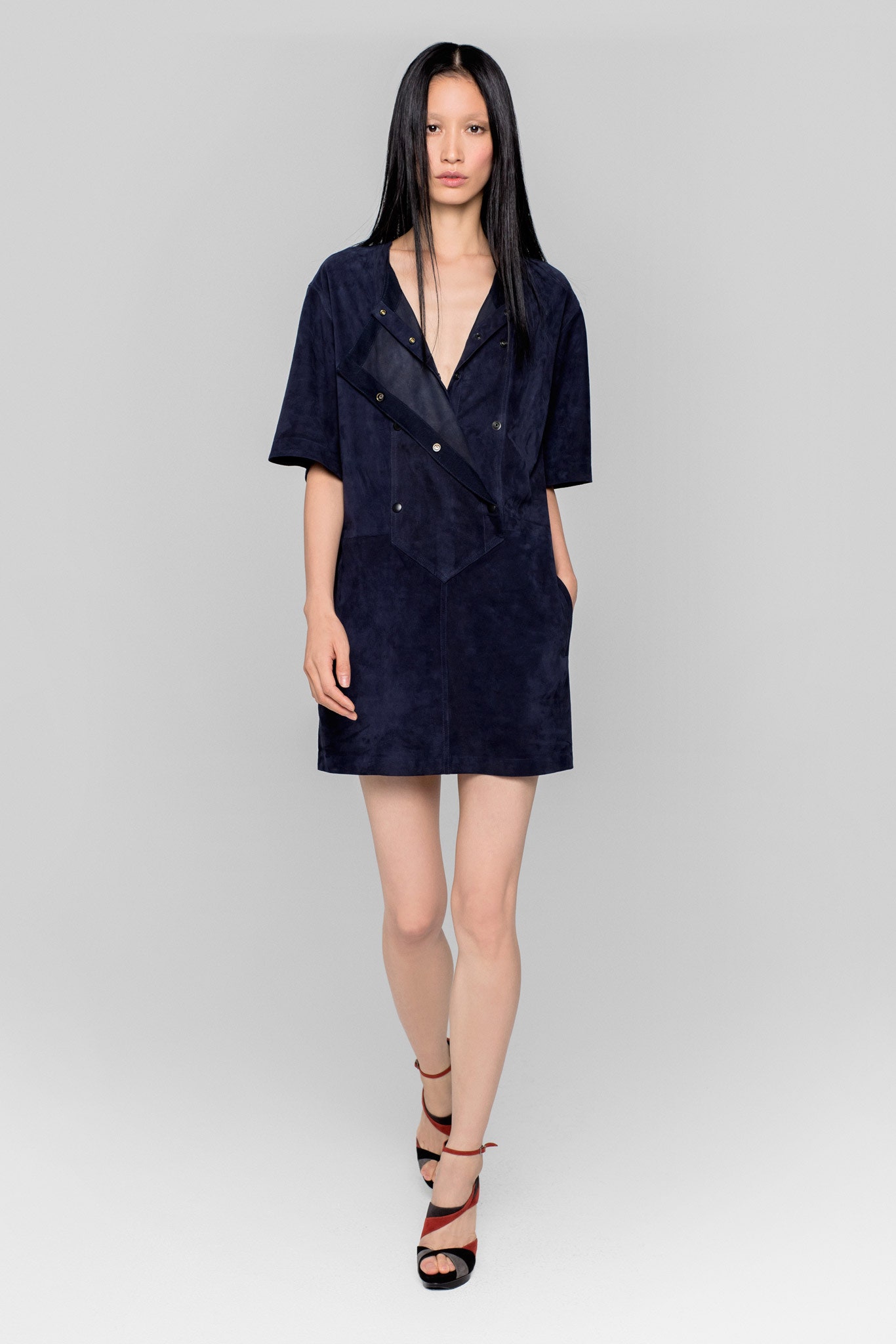 blue suede short-sleeve collared fitted zippered pockets dress