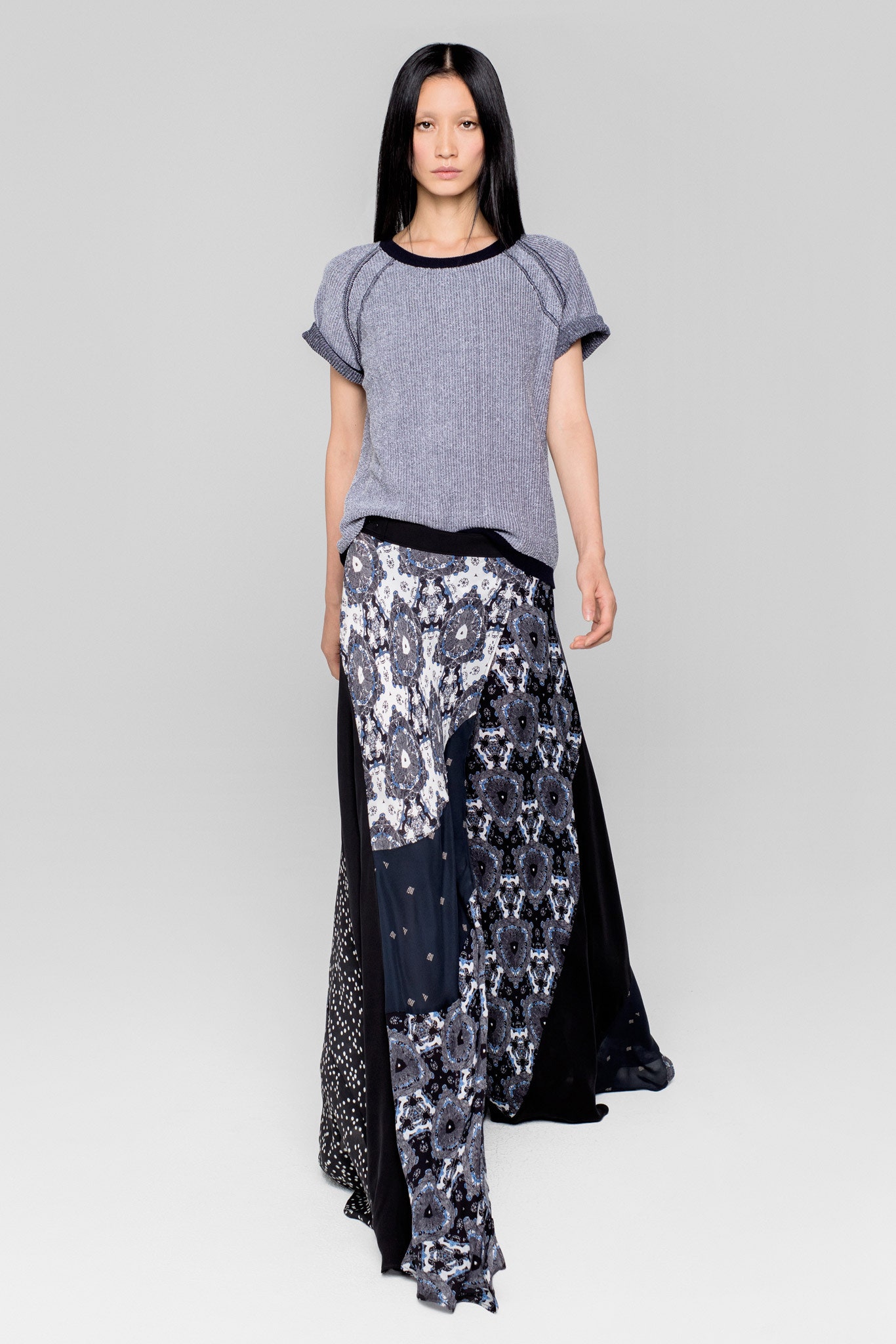gray relaxed top with flared skirt