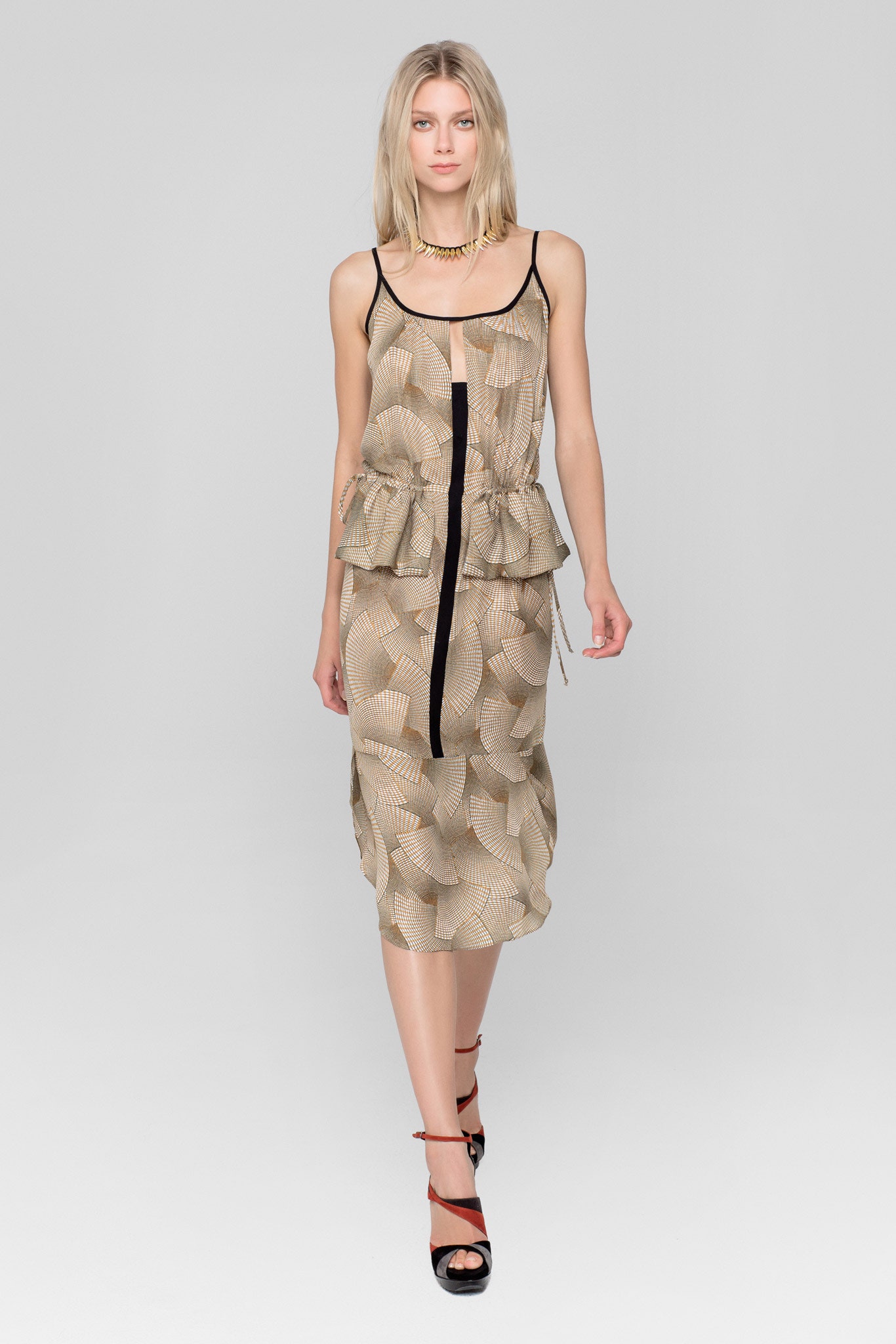 beige silk pleated midi dress