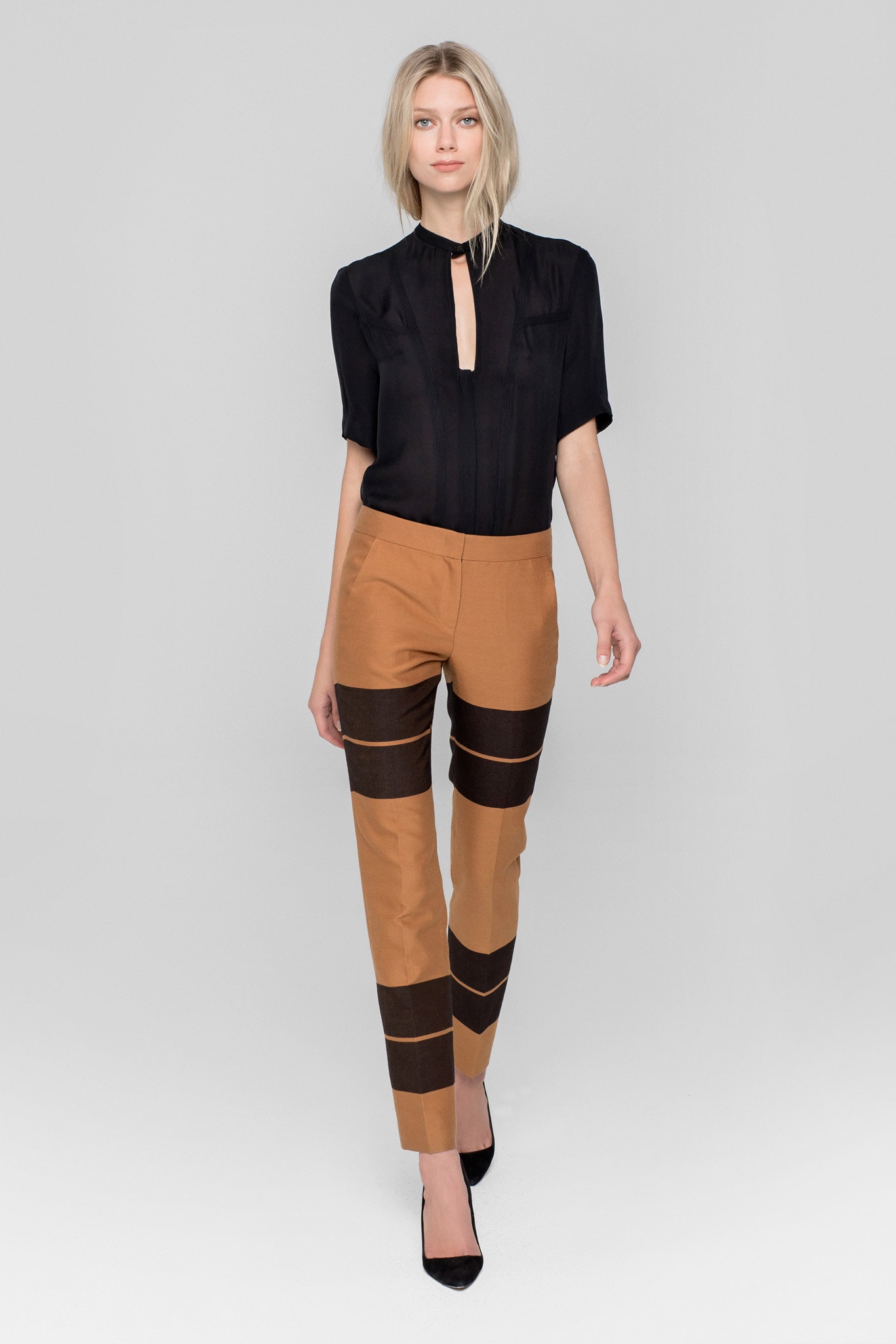 black silk blouse with tailored pants