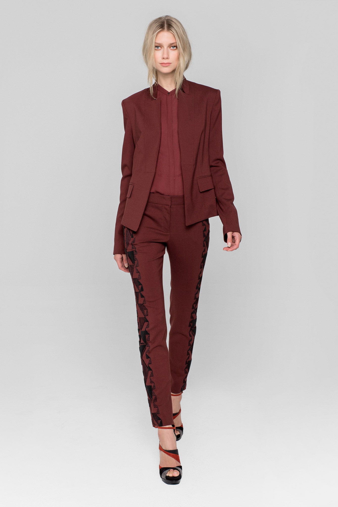maroon long-sleeve collared structured blazer