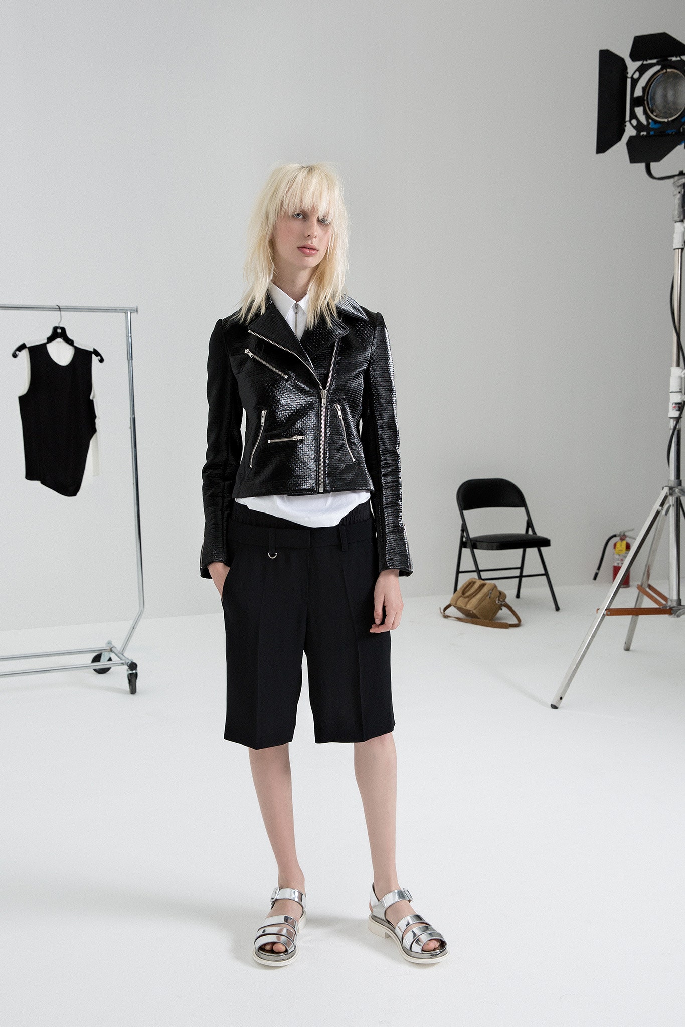 black leather jacket with white shirt