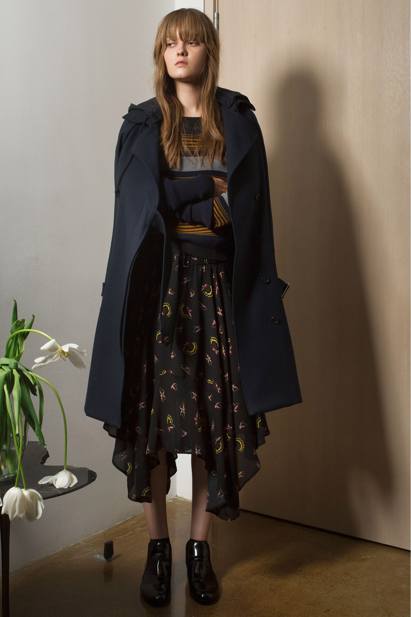 black silk asymmetric fitted tiered flowing midi skirt