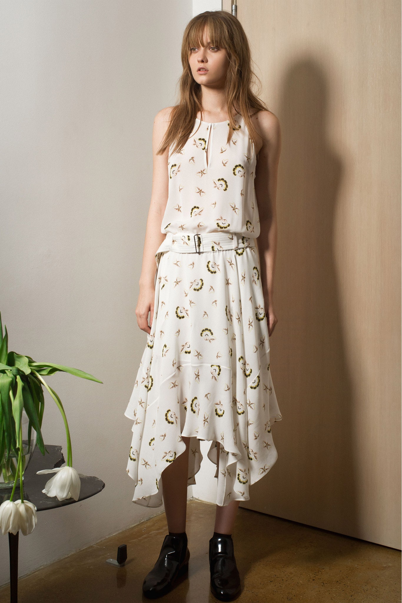 white silk asymmetric fitted flared midi skirt