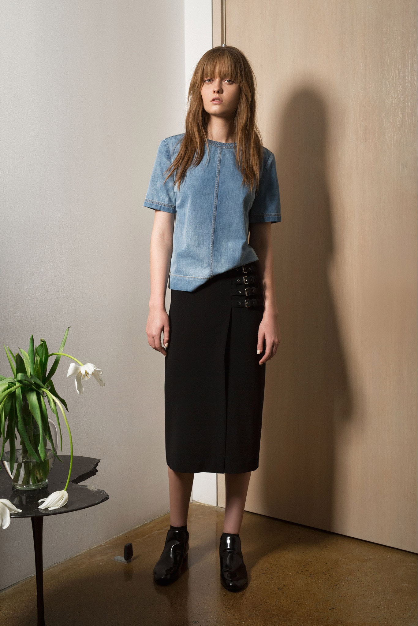 black cotton fitted pencil midi skirt