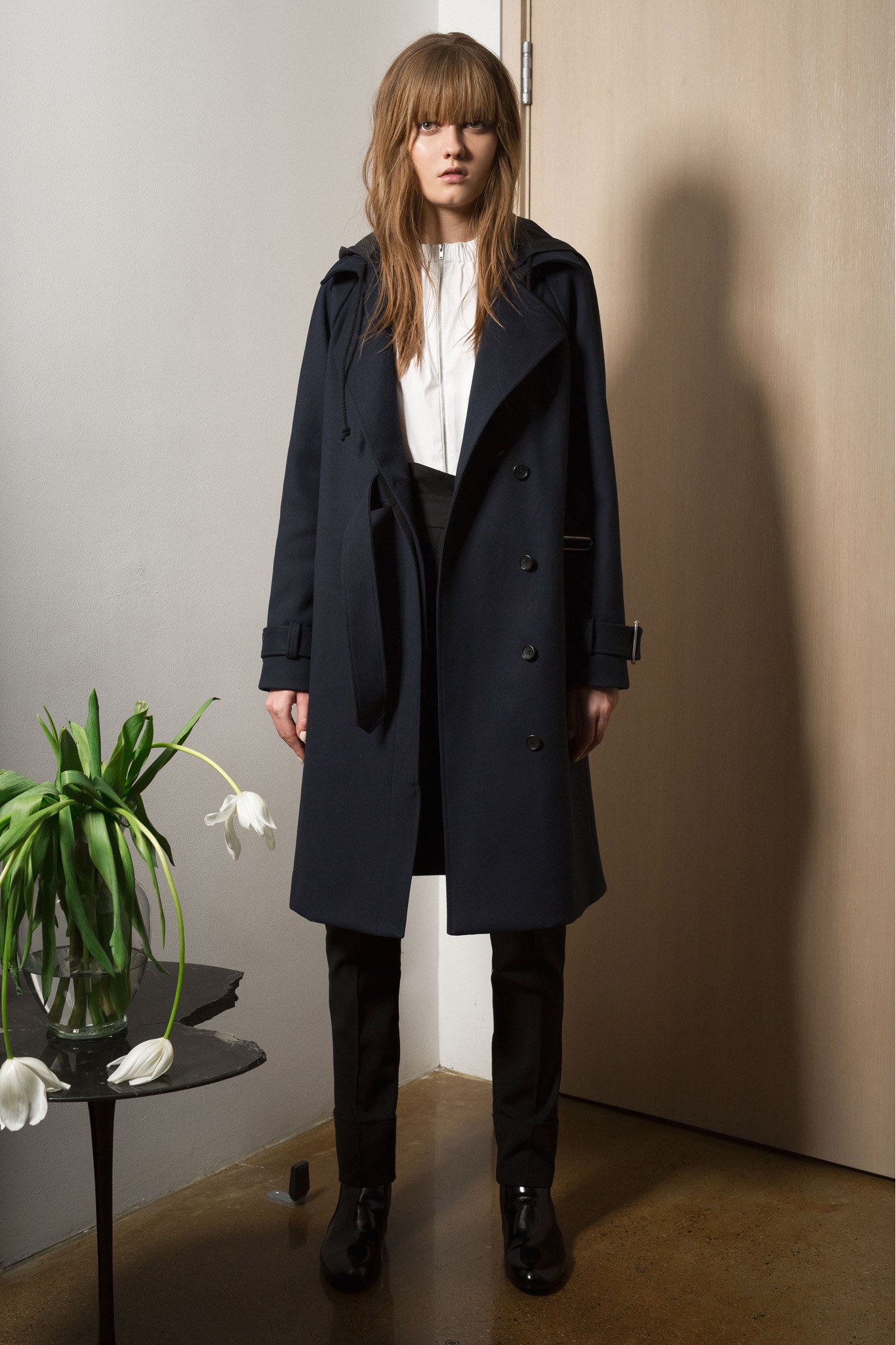 blue wool long-sleeve collared structured zippered coat