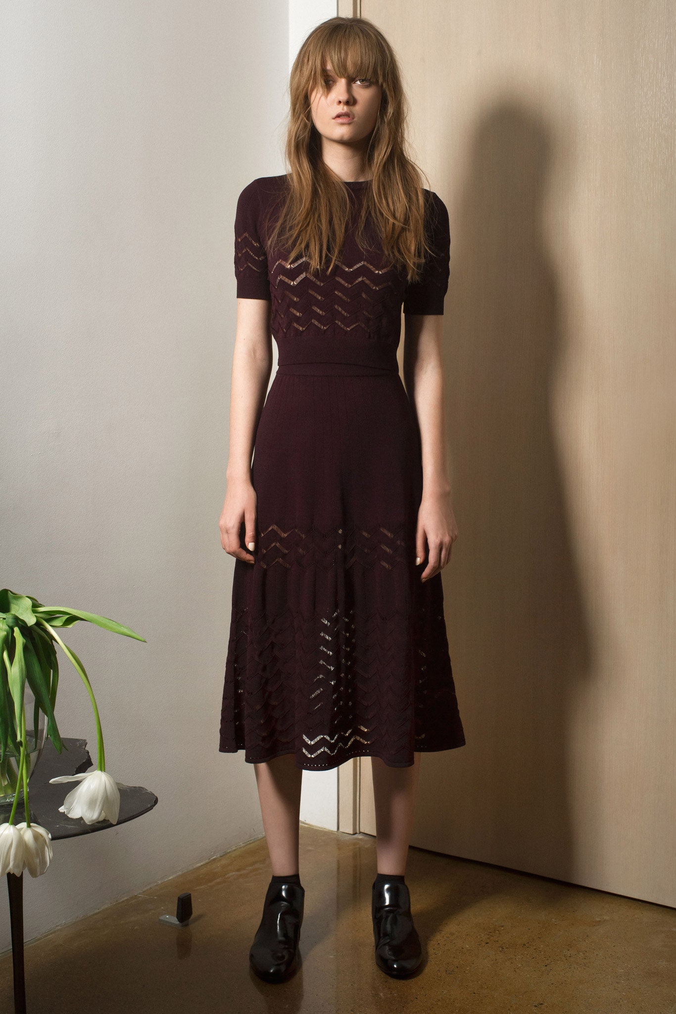 fitted maroon knit midi dress