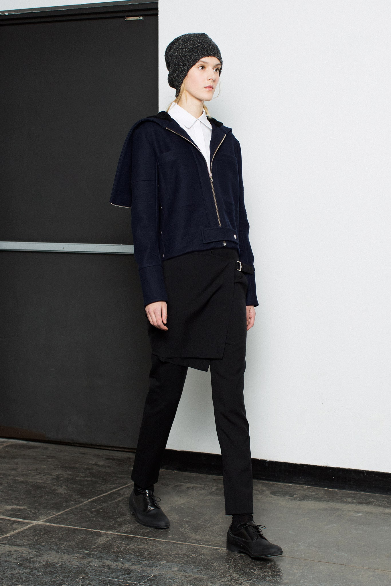 navy jacket white shirt black pants