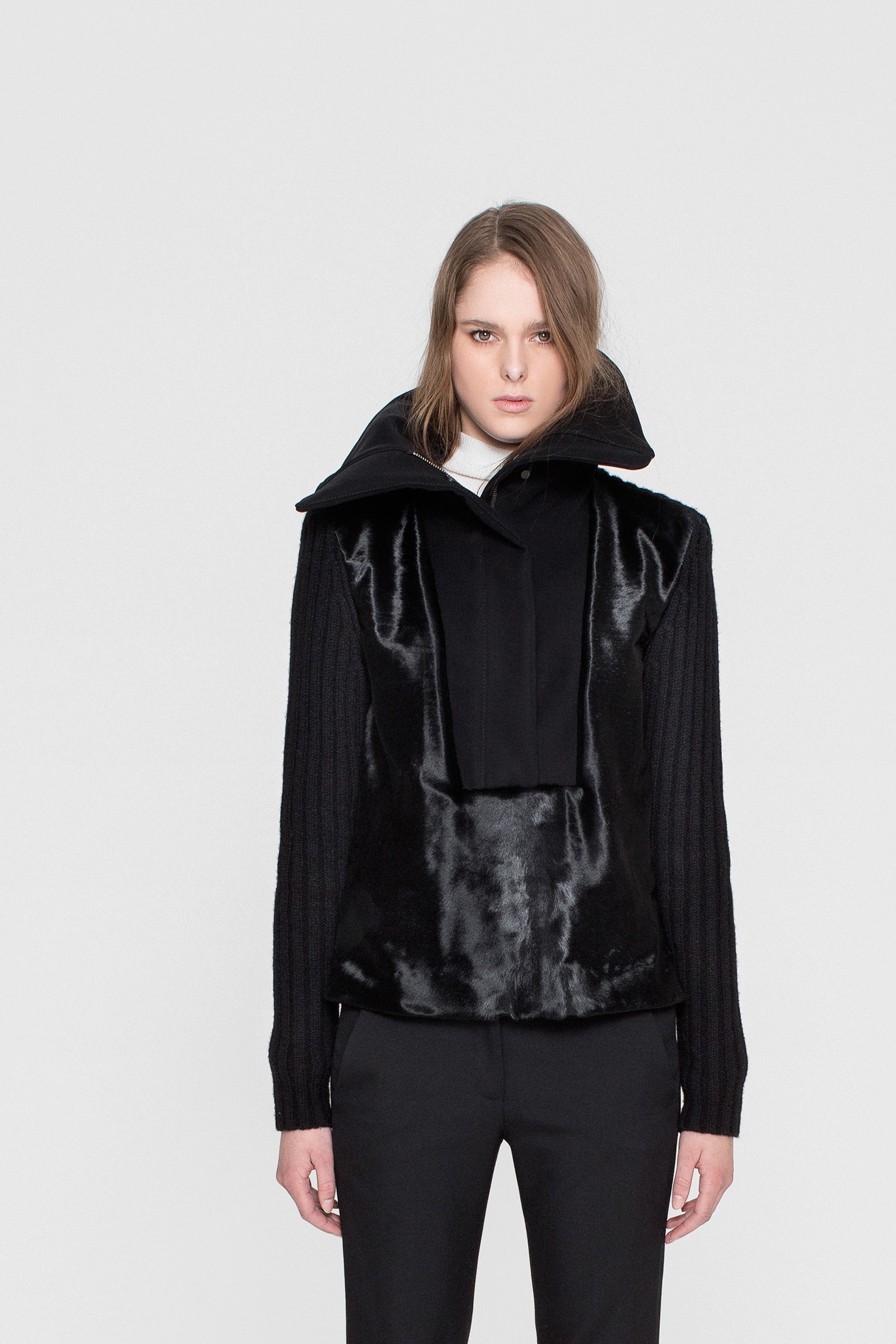 black faux-fur long-sleeve collared fitted zippered shiny jacket
