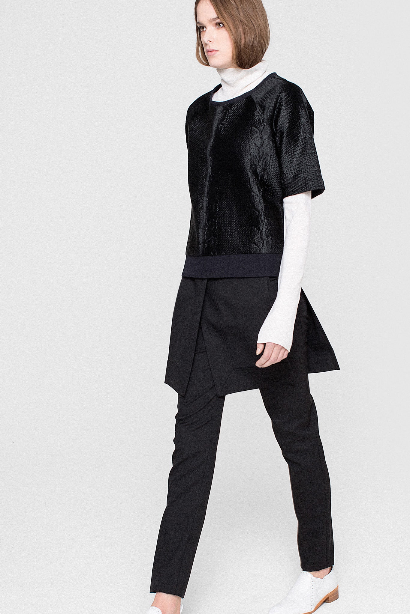 black silk fitted top and tailored pants