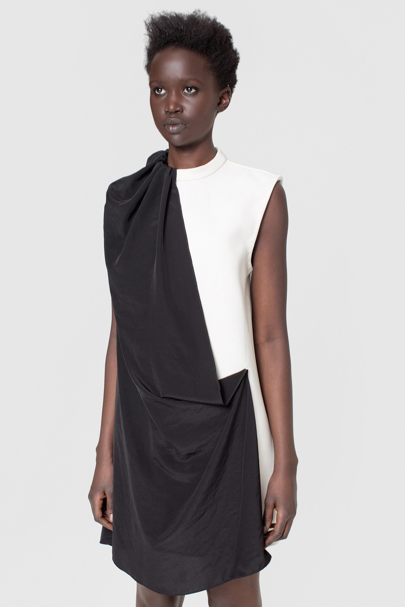 asymmetric black and white dress