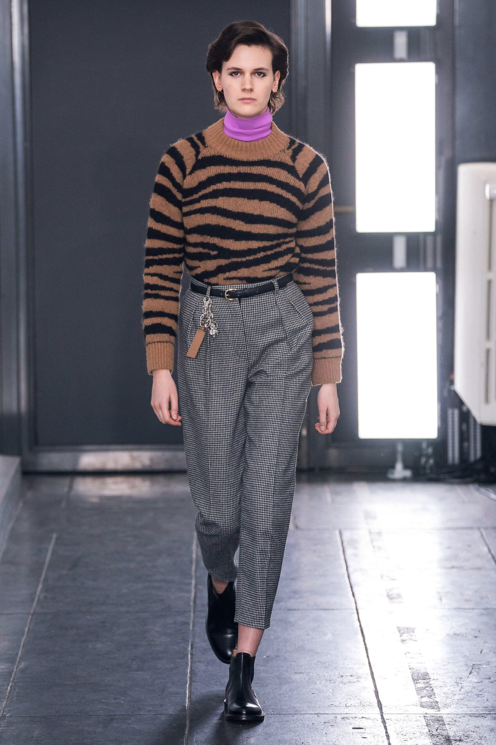 brown wool long-sleeve high-neck fitted striped sweater