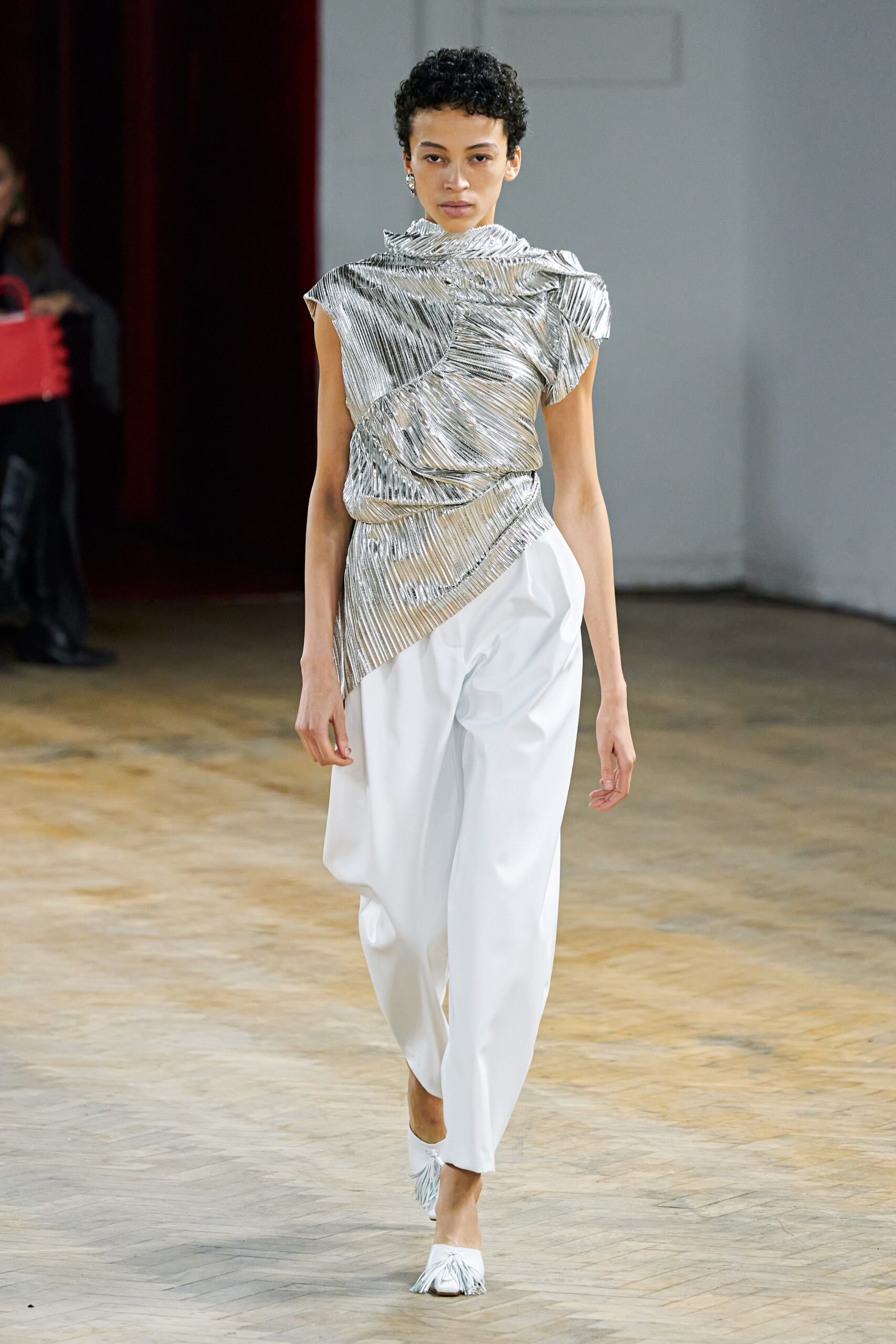 gray metallic sleeveless high-neck fitted draped shiny top