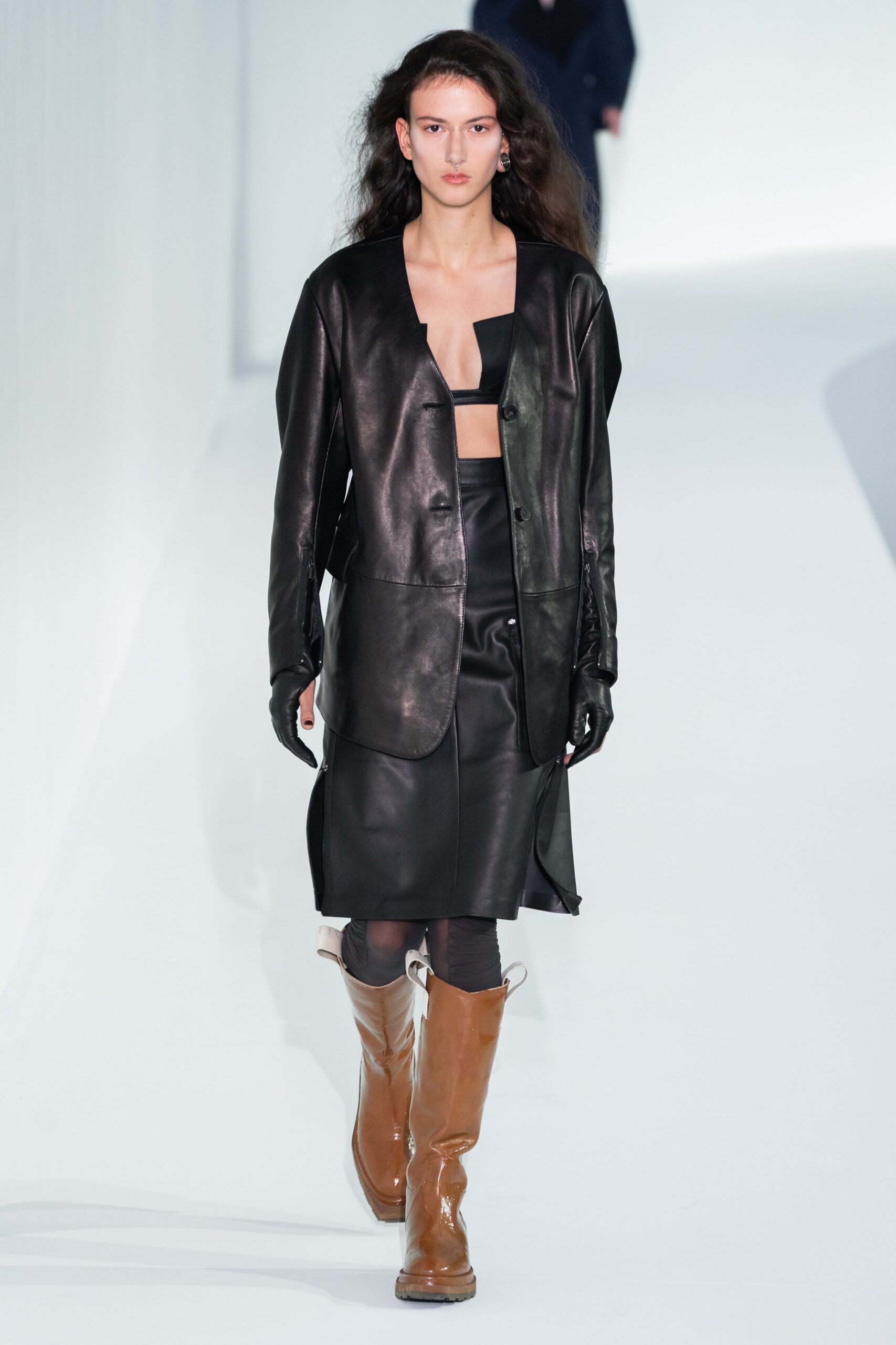 black leather coat and fitted top