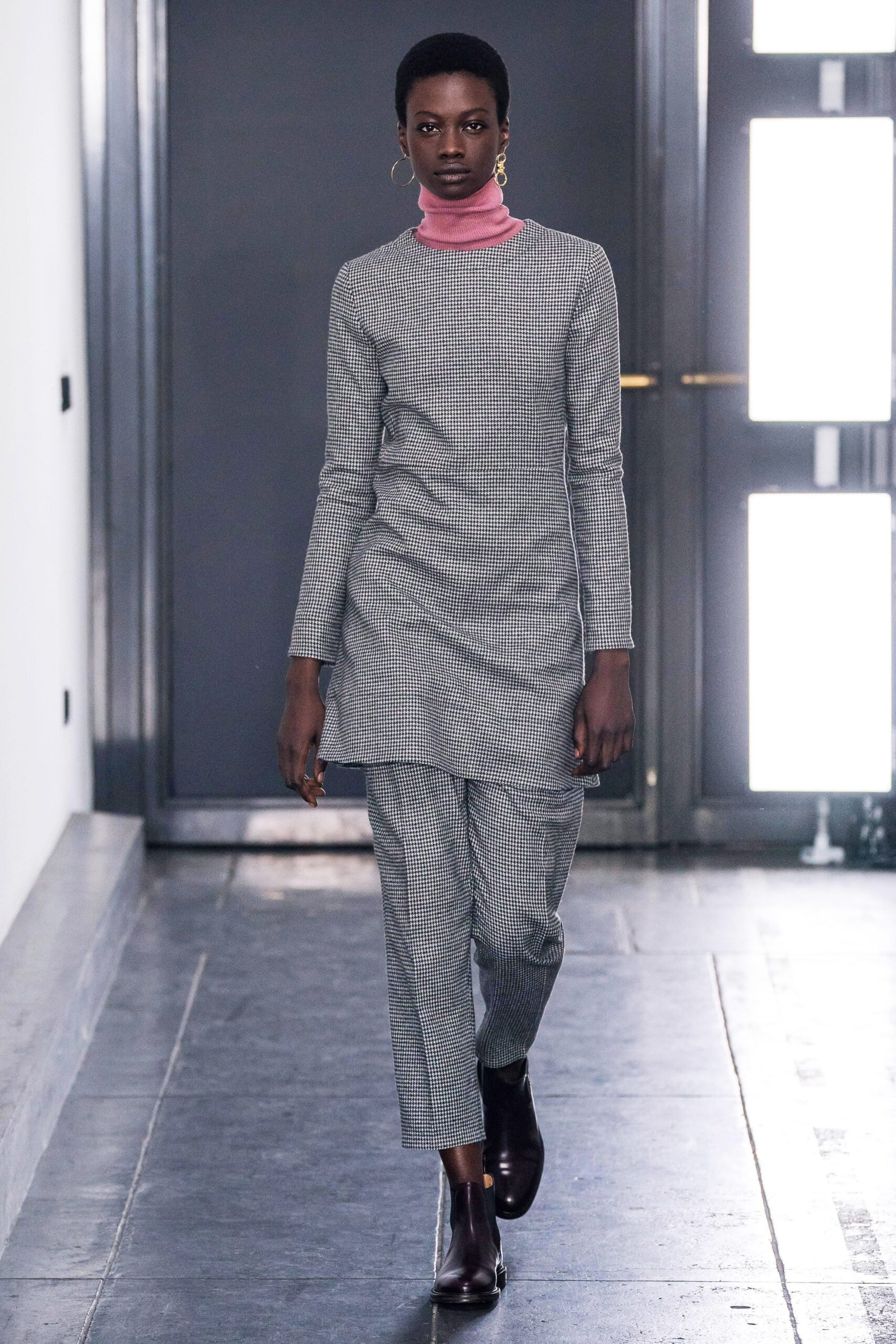 gray cotton long-sleeve high-neck fitted straight-leg midi dress