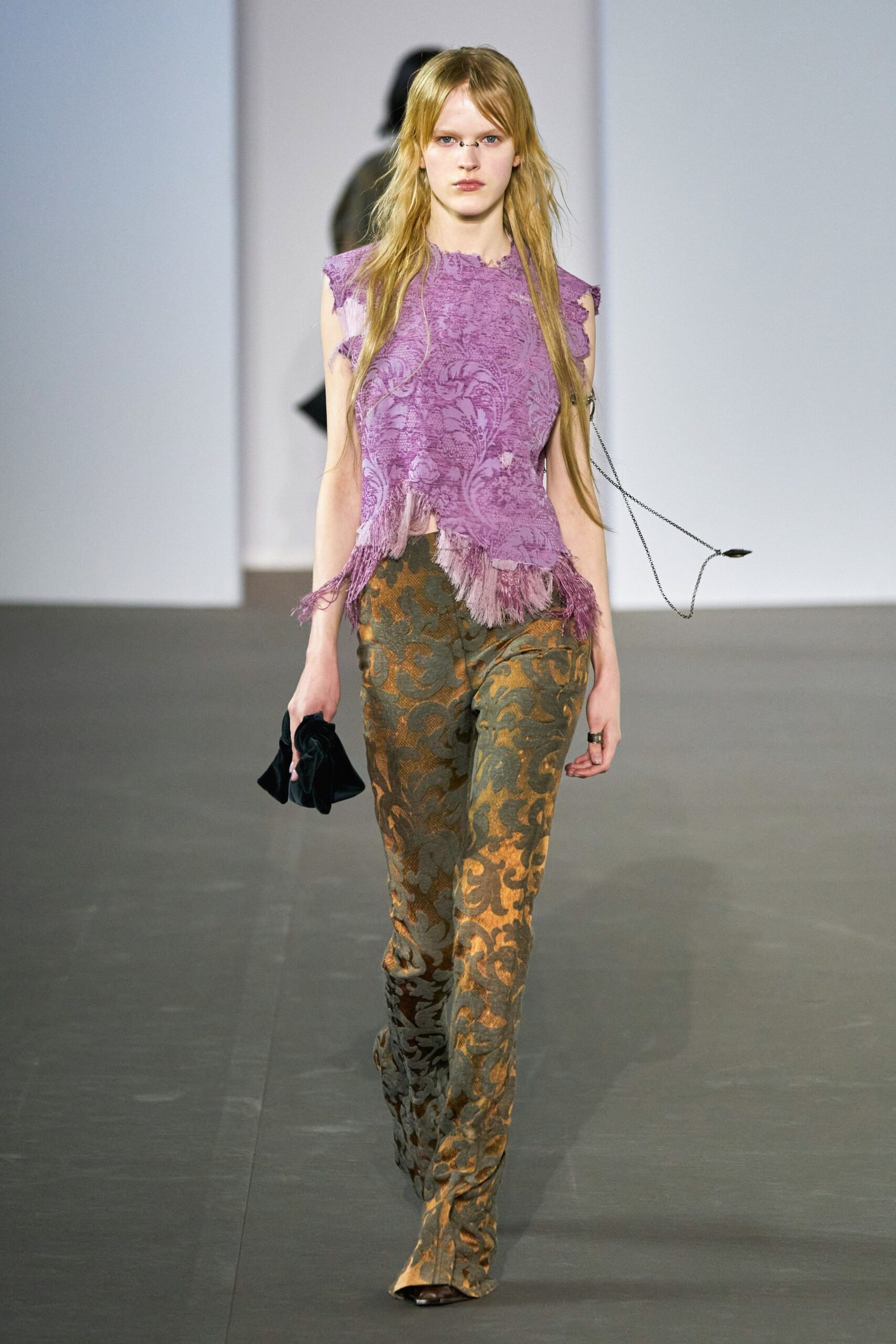 purple lace top with flared pants