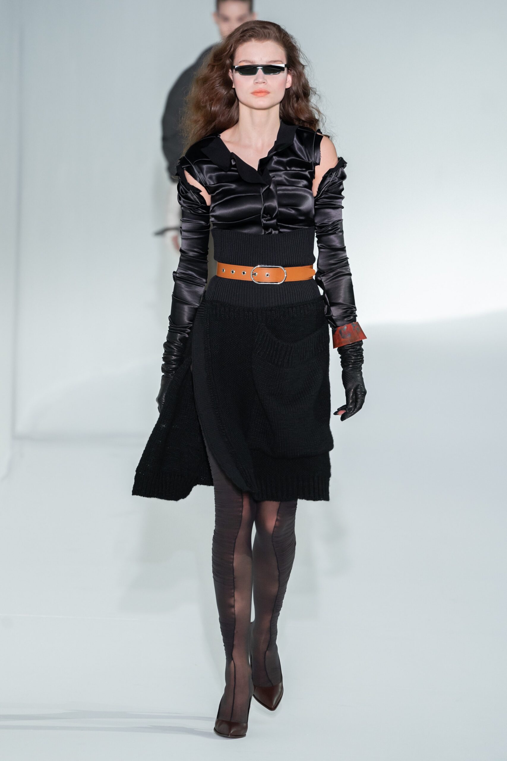 black silk blouse and skirt