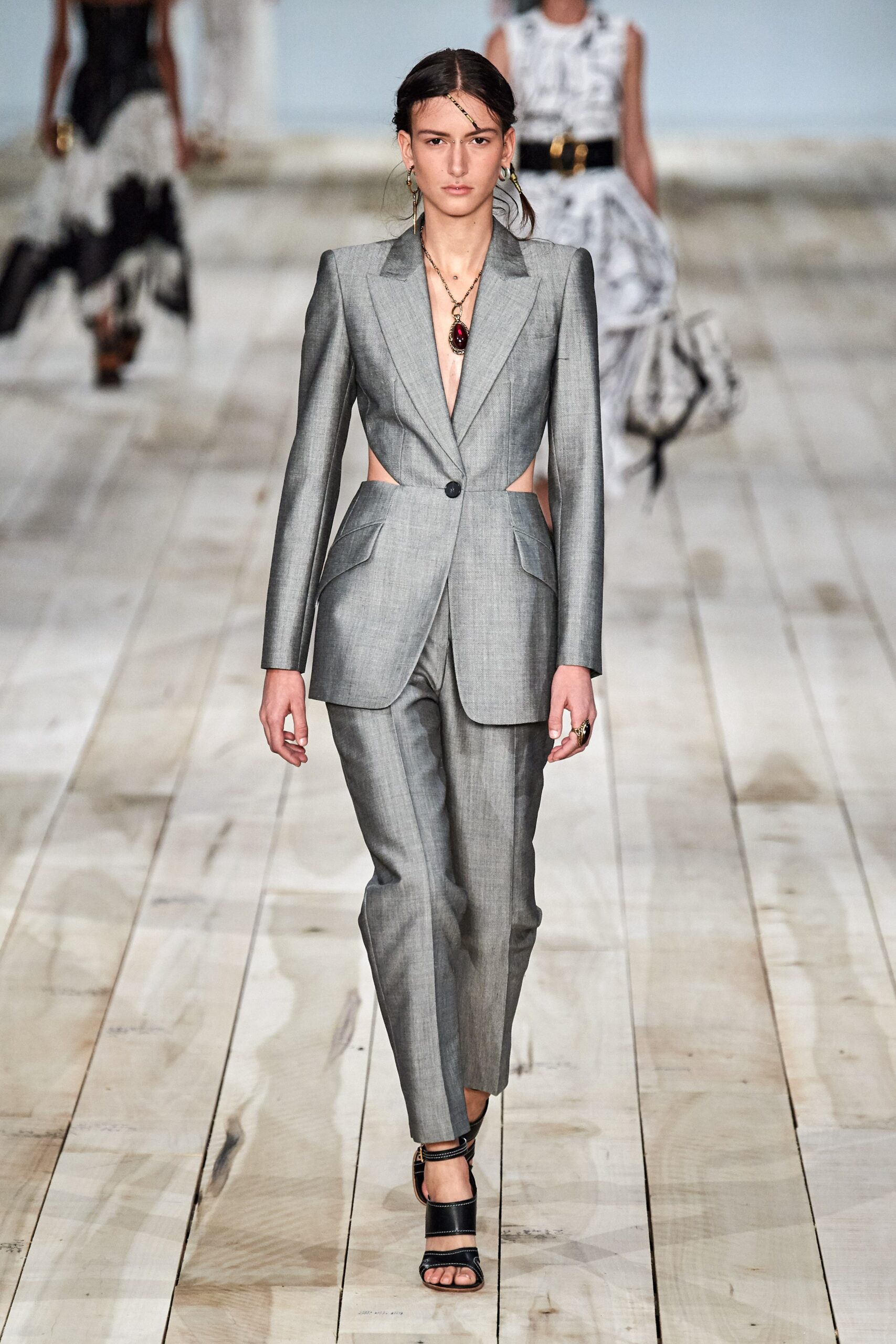 tailored gray suit with cutouts