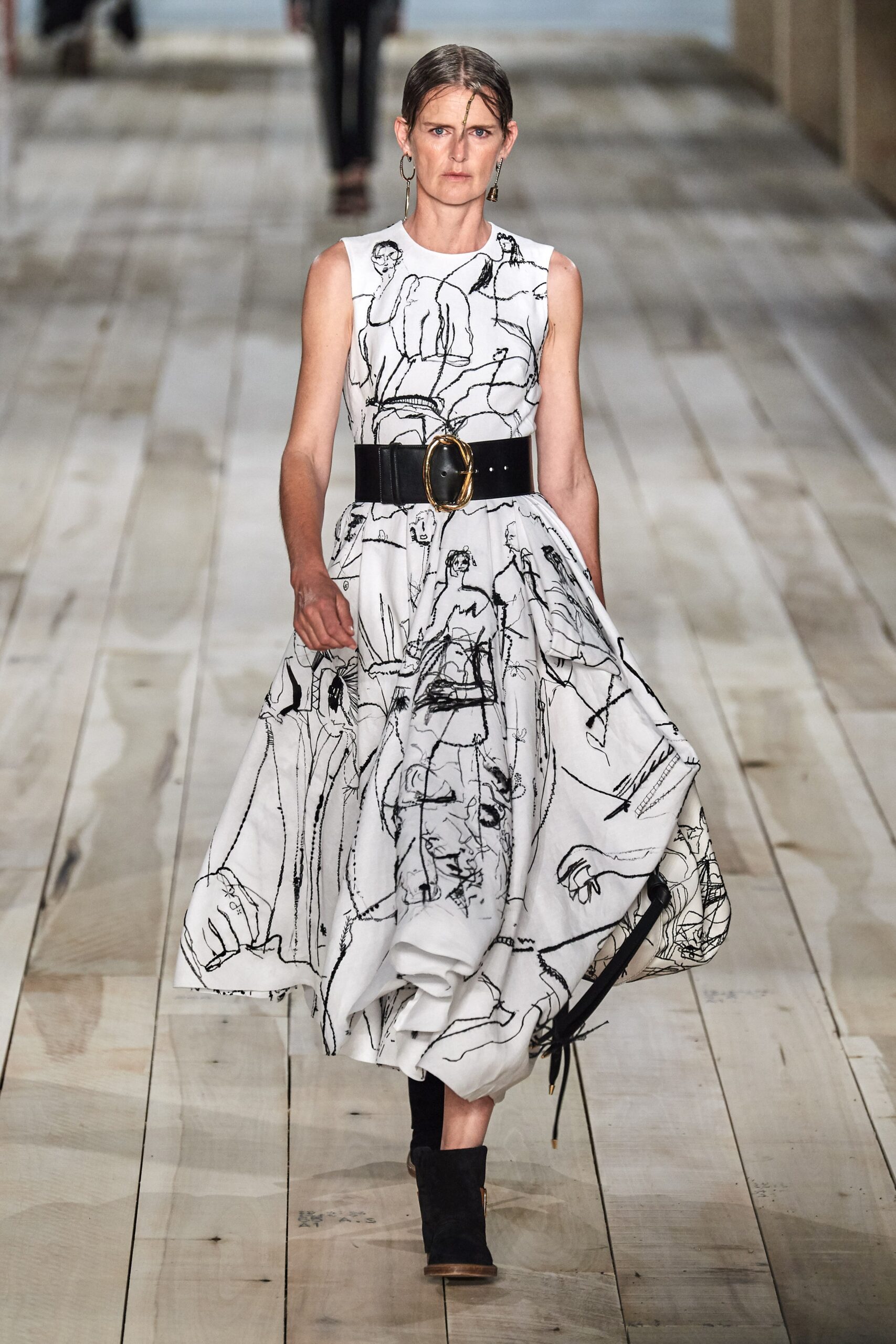 white and black printed midi dress with belt