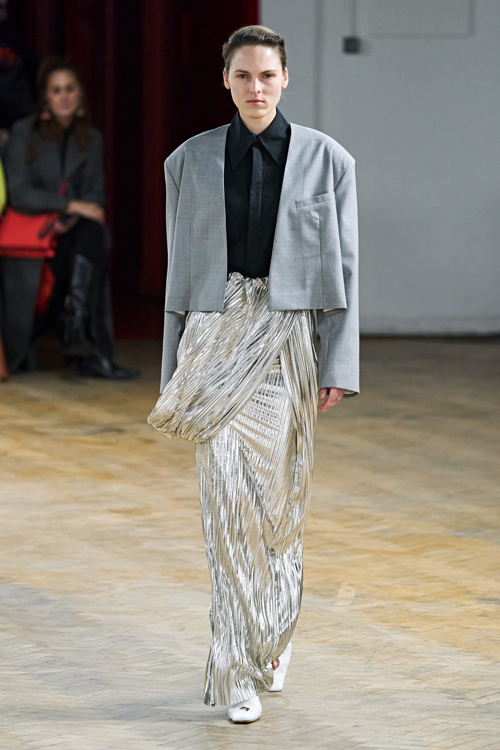 gray silk fitted pleated shiny skirt