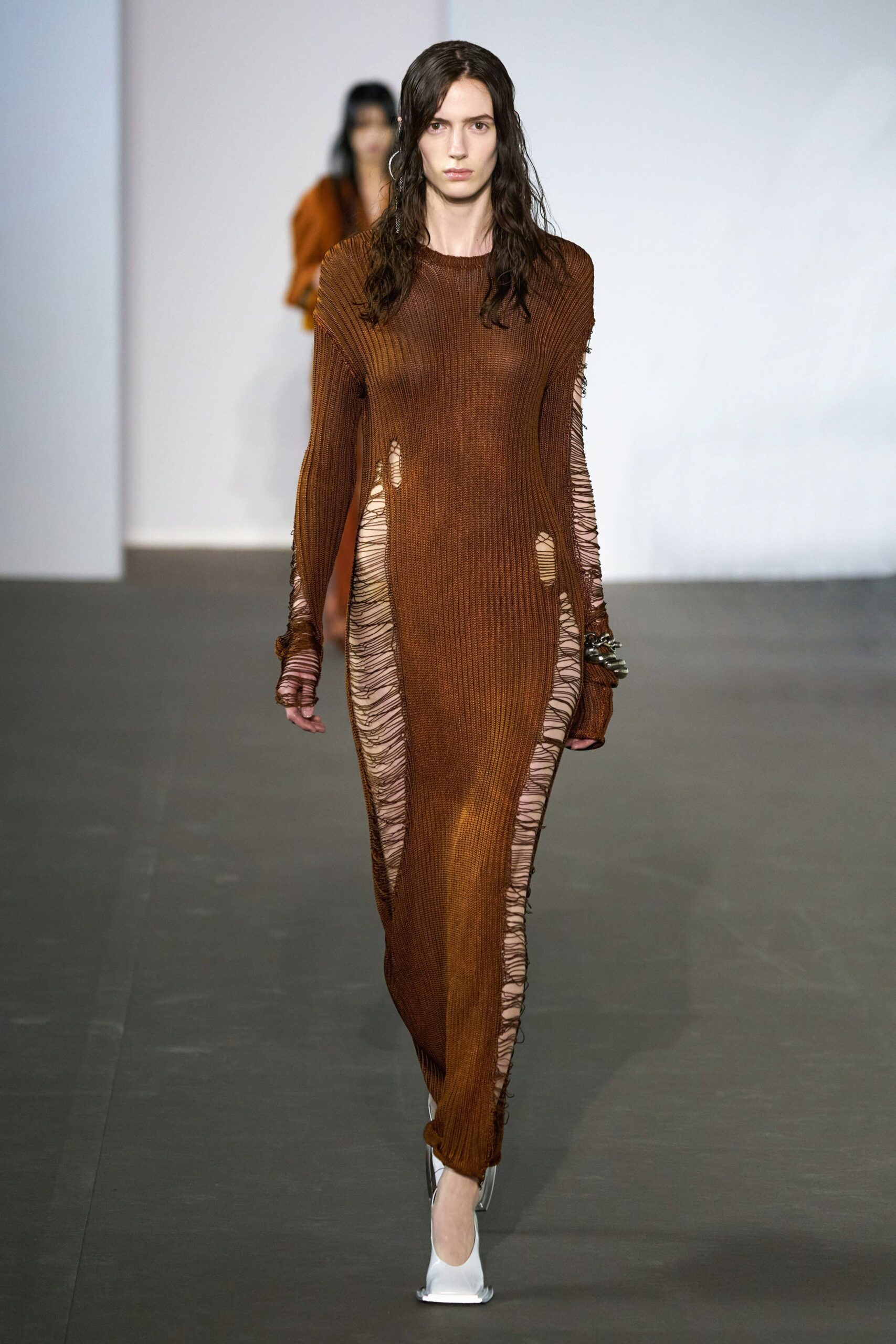 fitted brown distressed knit dress