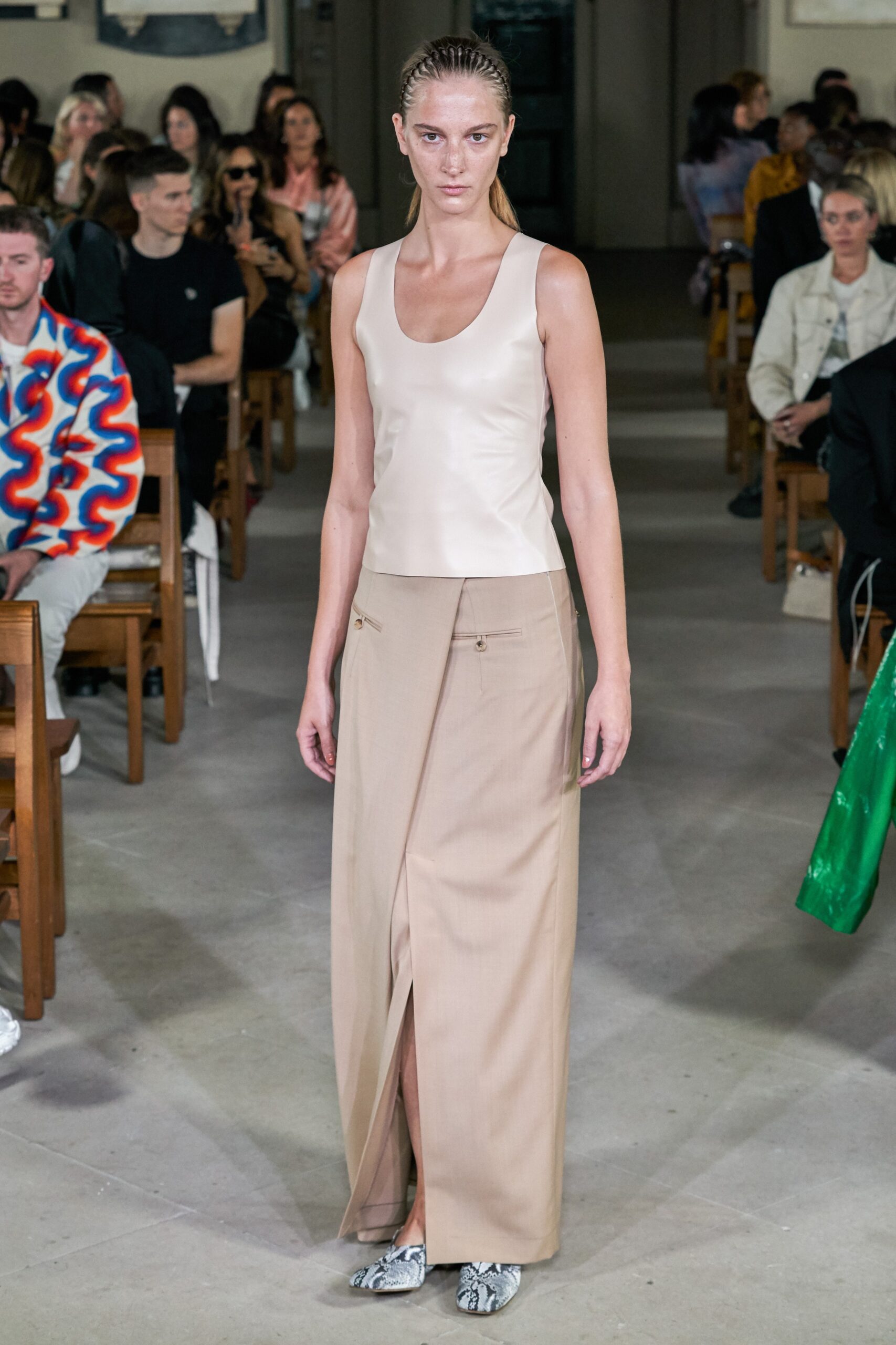 beige wool slit fitted high-waisted pleated midi skirt