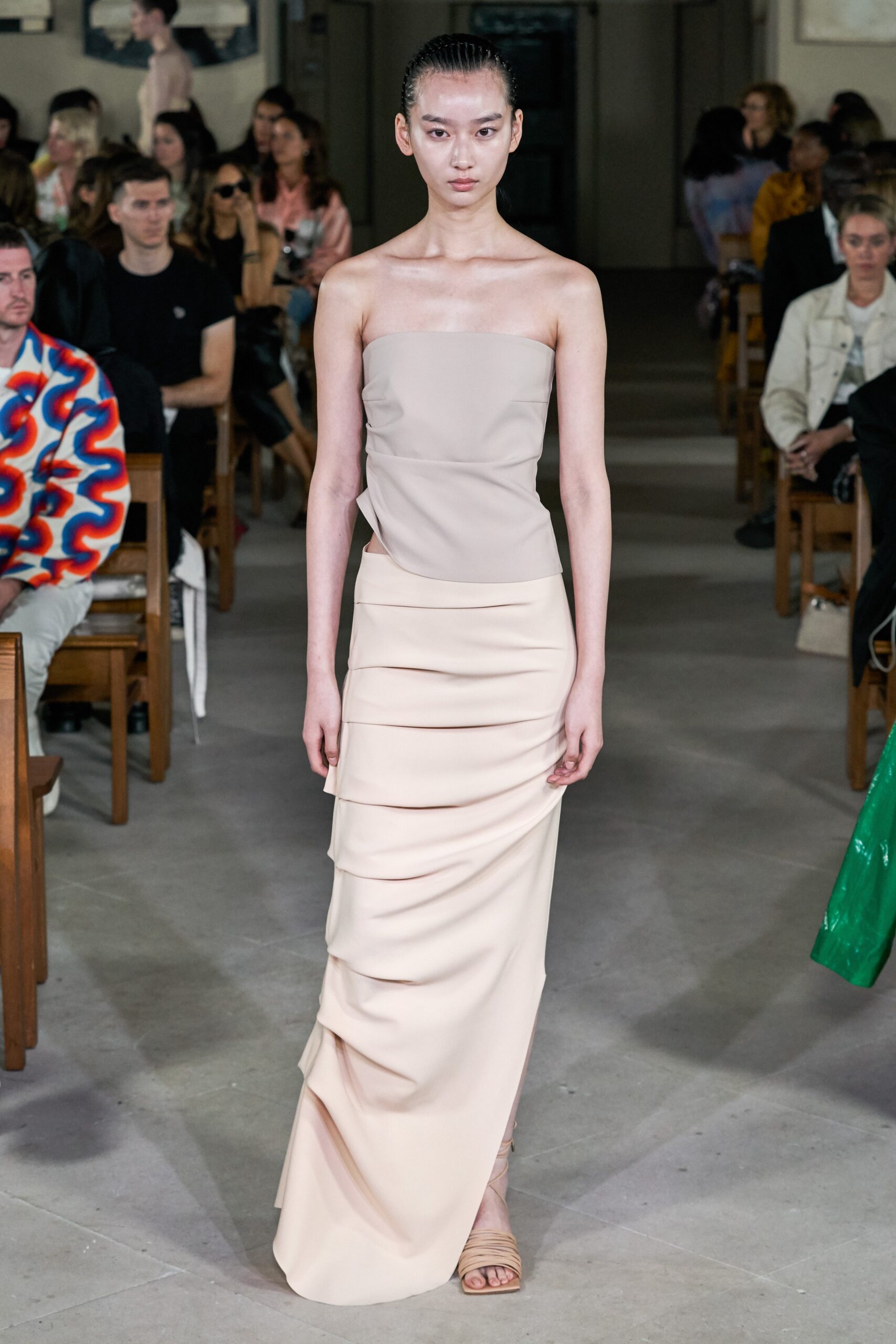 beige strapless ruched gown