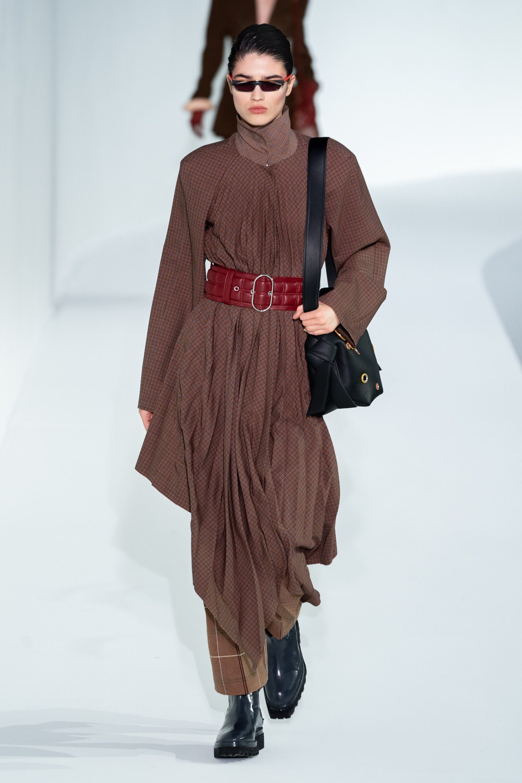 brown cotton long-sleeve collared relaxed pleated belted dress