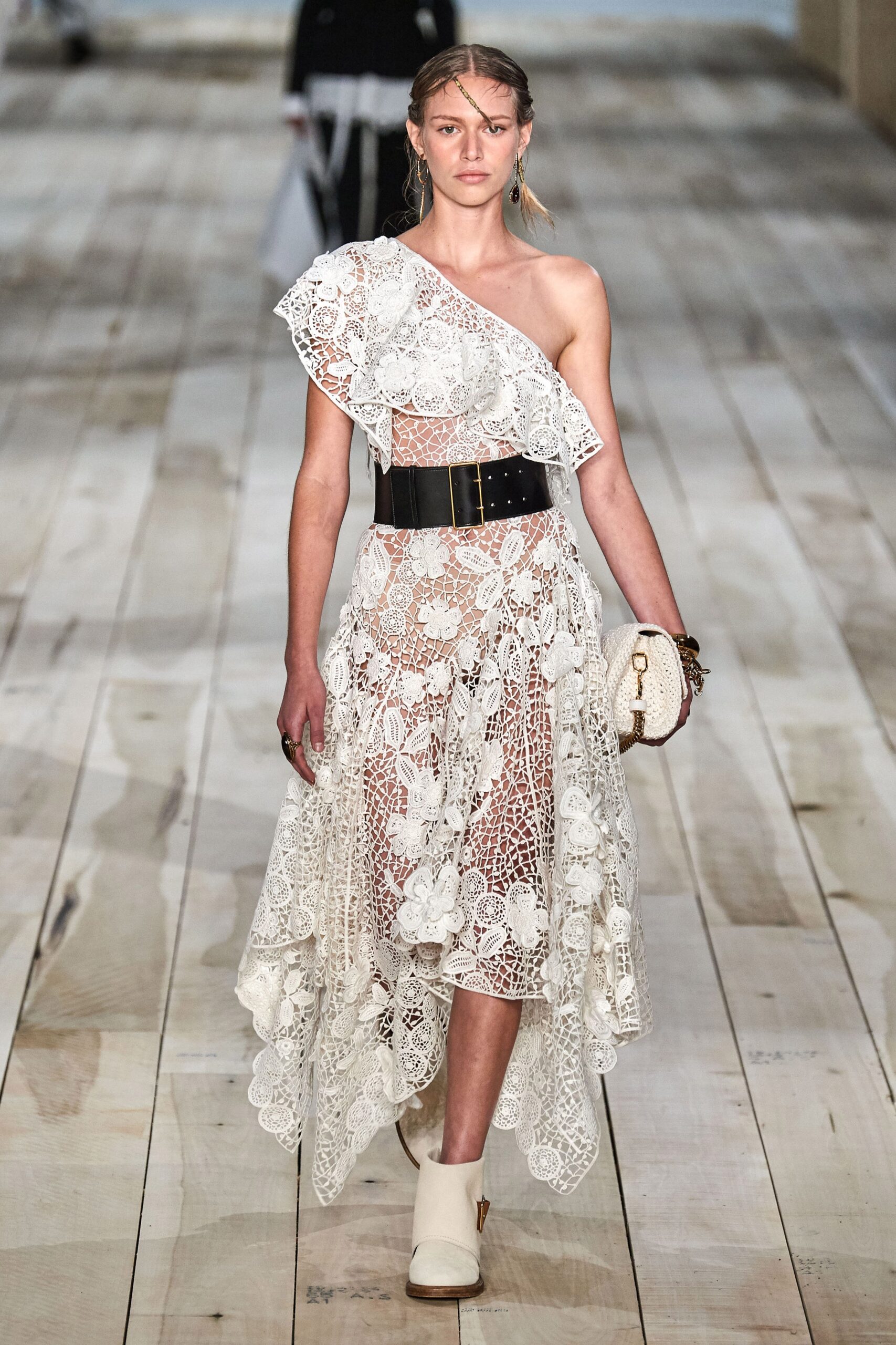 white lace asymmetric midi dress