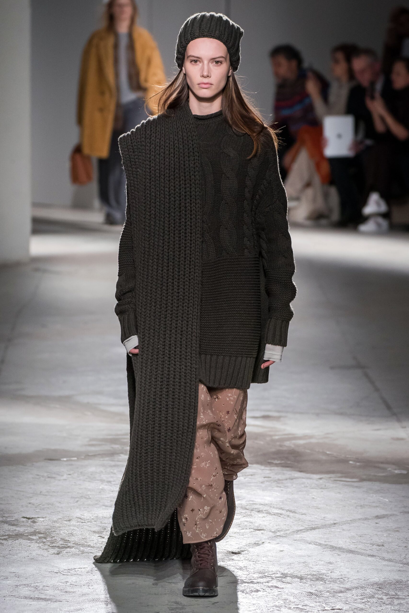 green wool long-sleeve relaxed layered maxi sweater