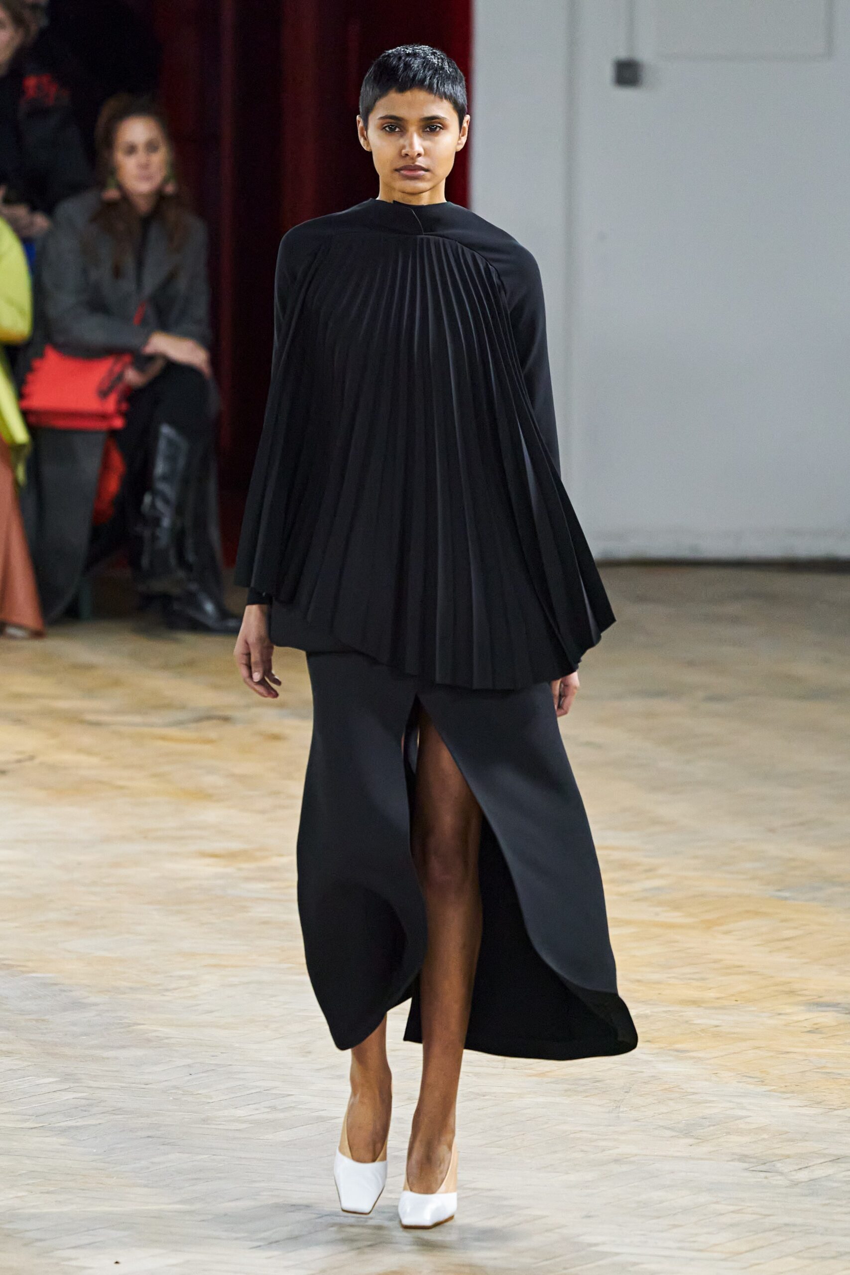black pleated midi dress