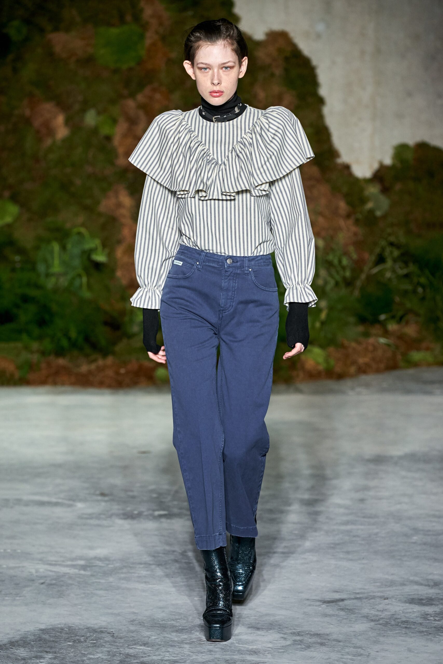 fitted striped blouse with relaxed pants