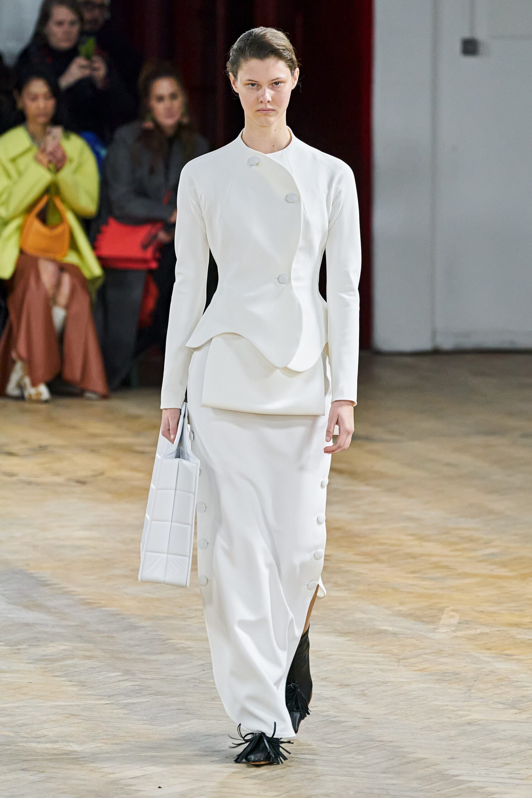 white cotton long-sleeve high-neck fitted buttoned maxi gown