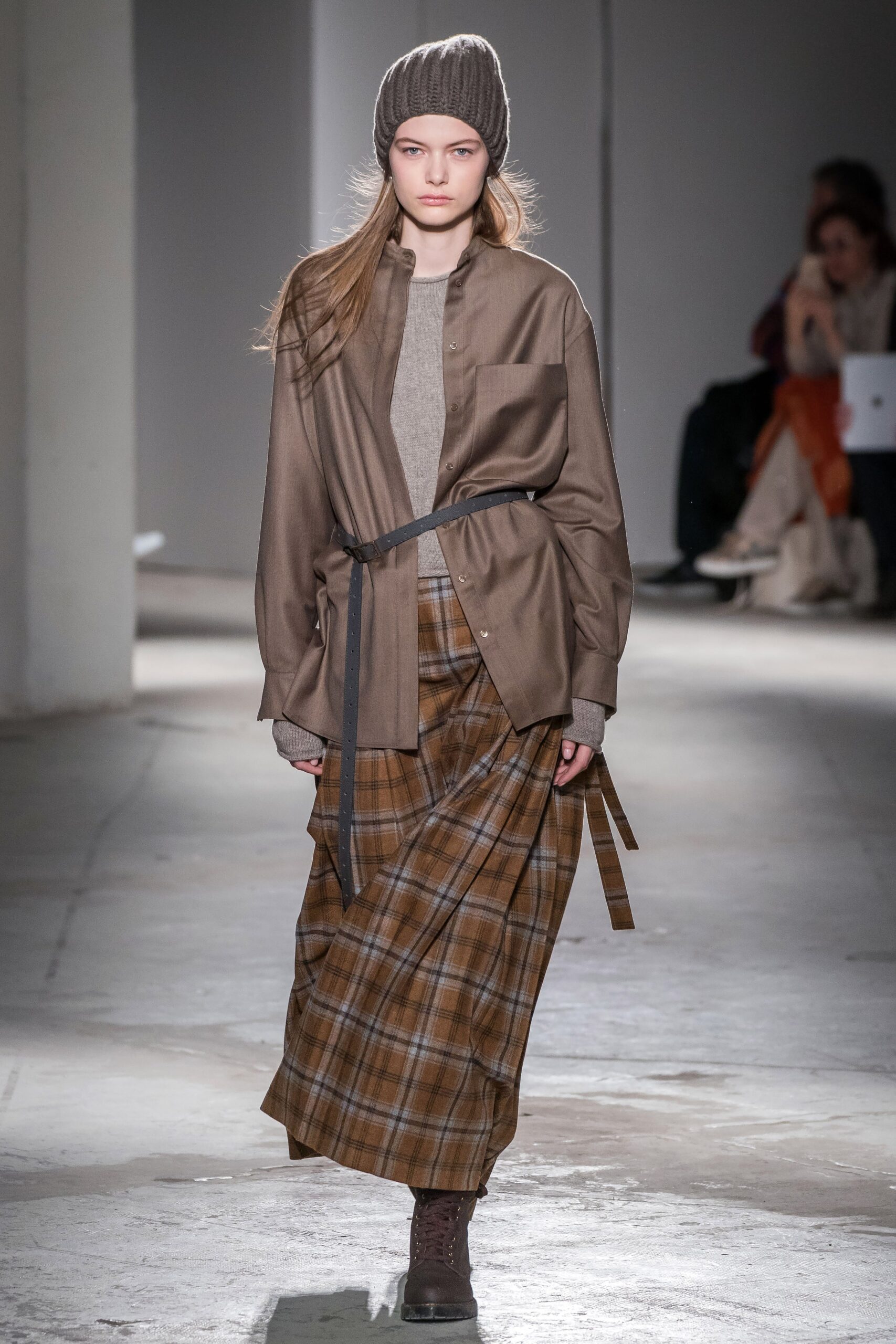 brown cotton fitted checked midi skirt