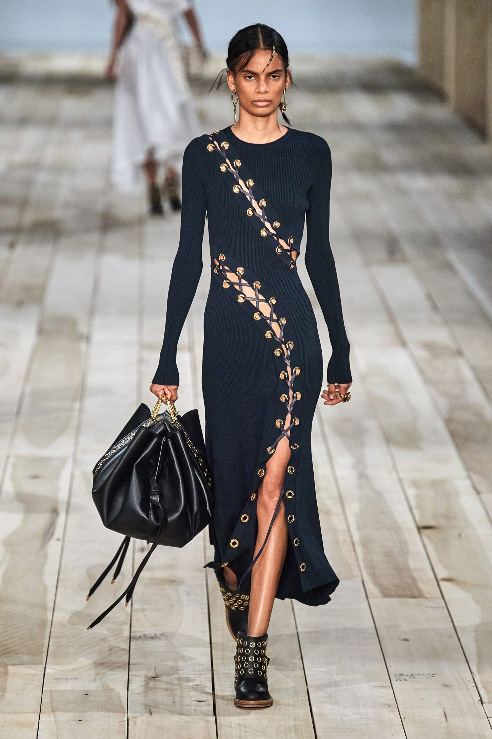 blue fitted long-sleeve dress