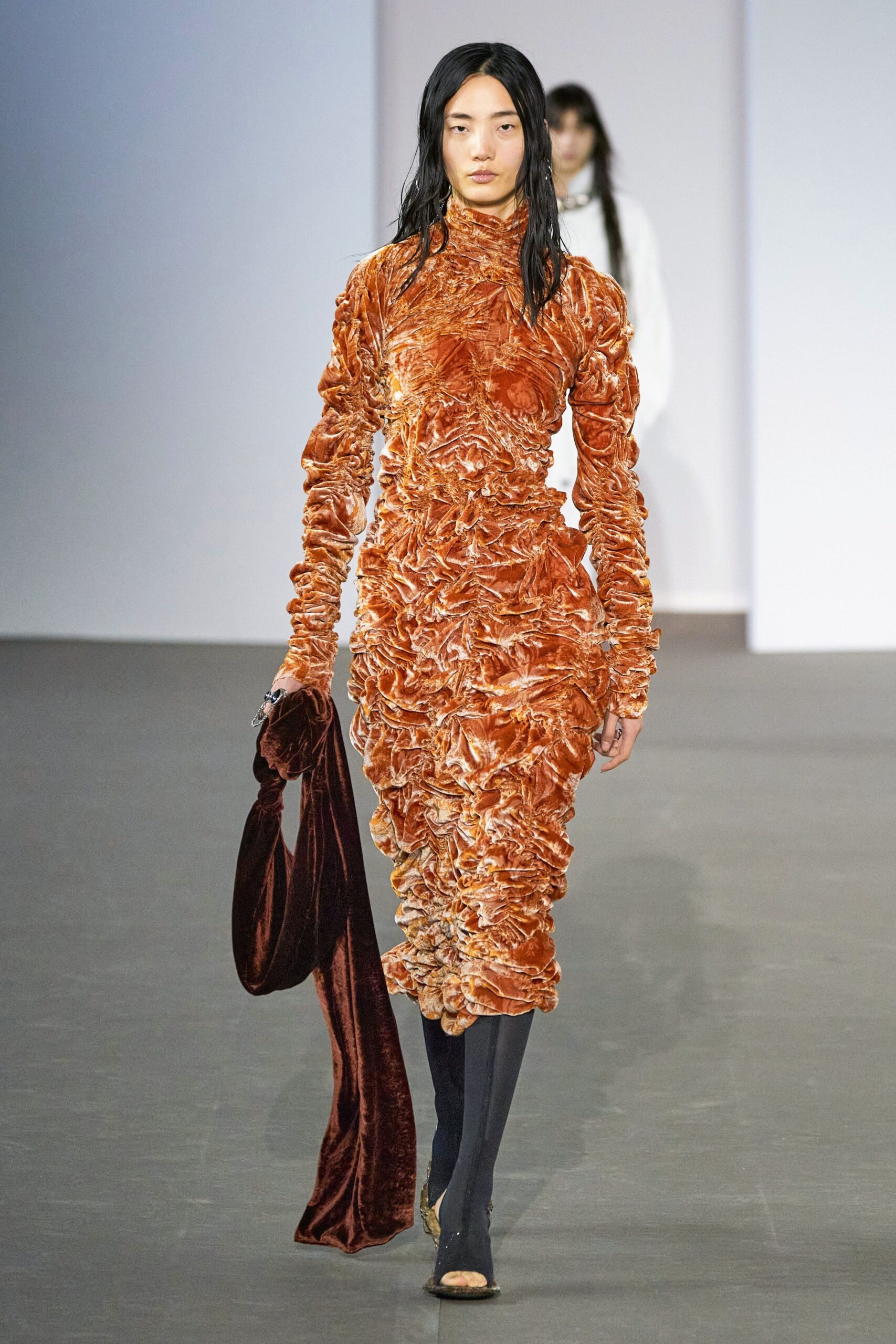 fitted orange velvet dress