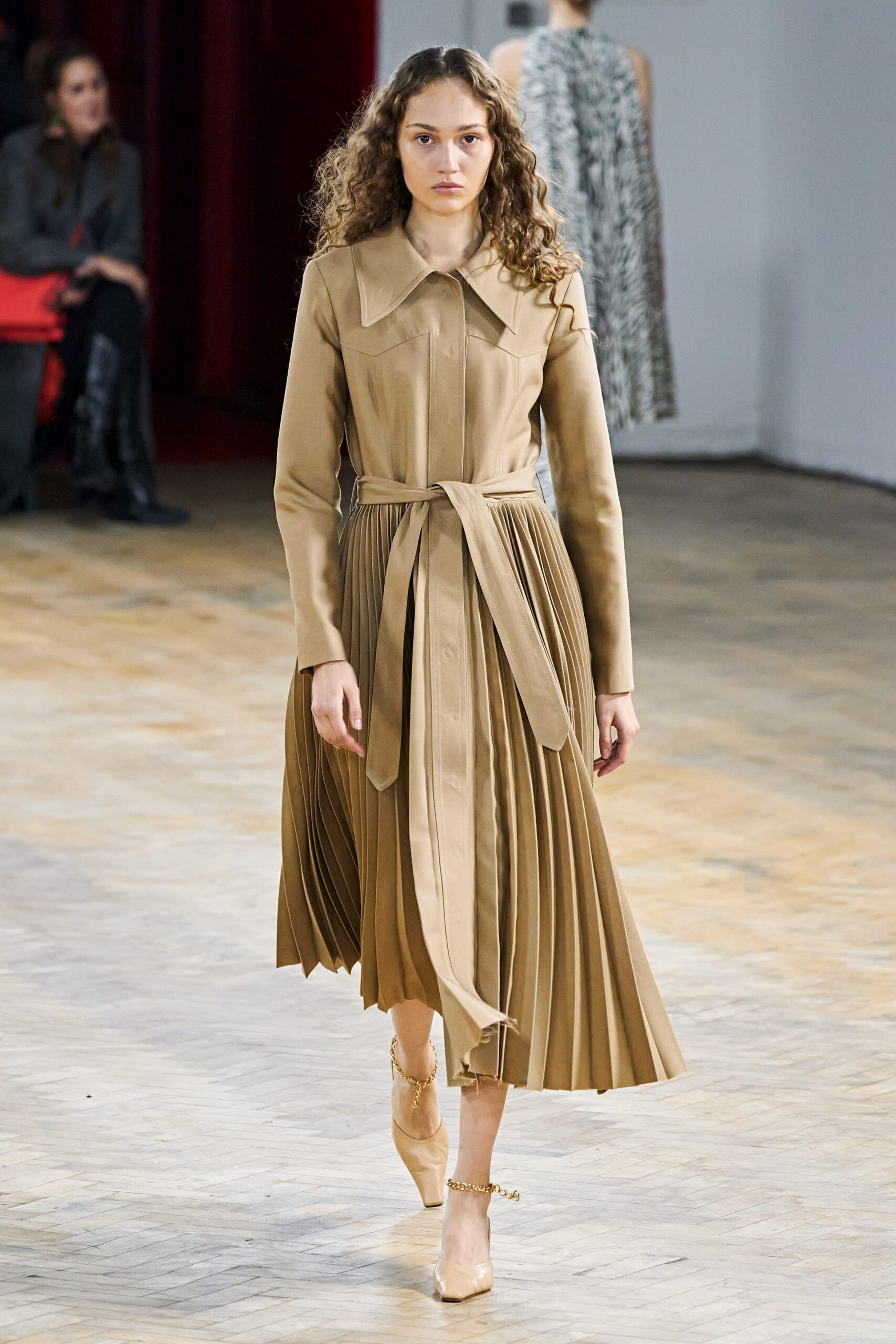 beige leather belted midi dress