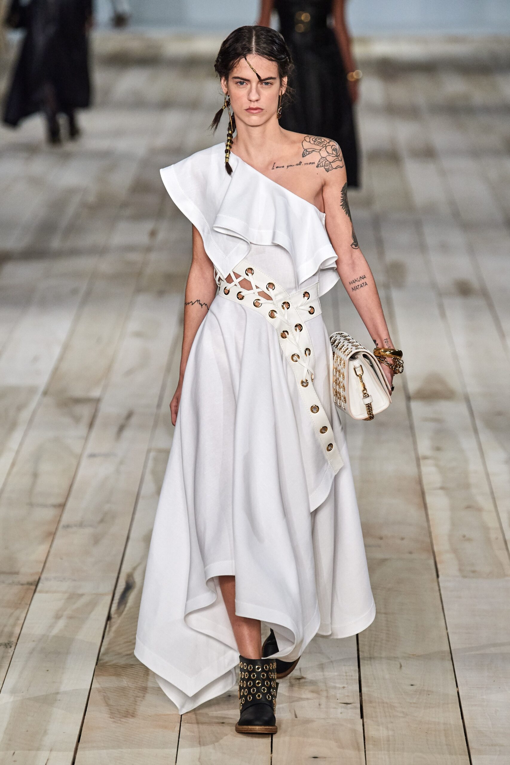white asymmetric ruffled dress