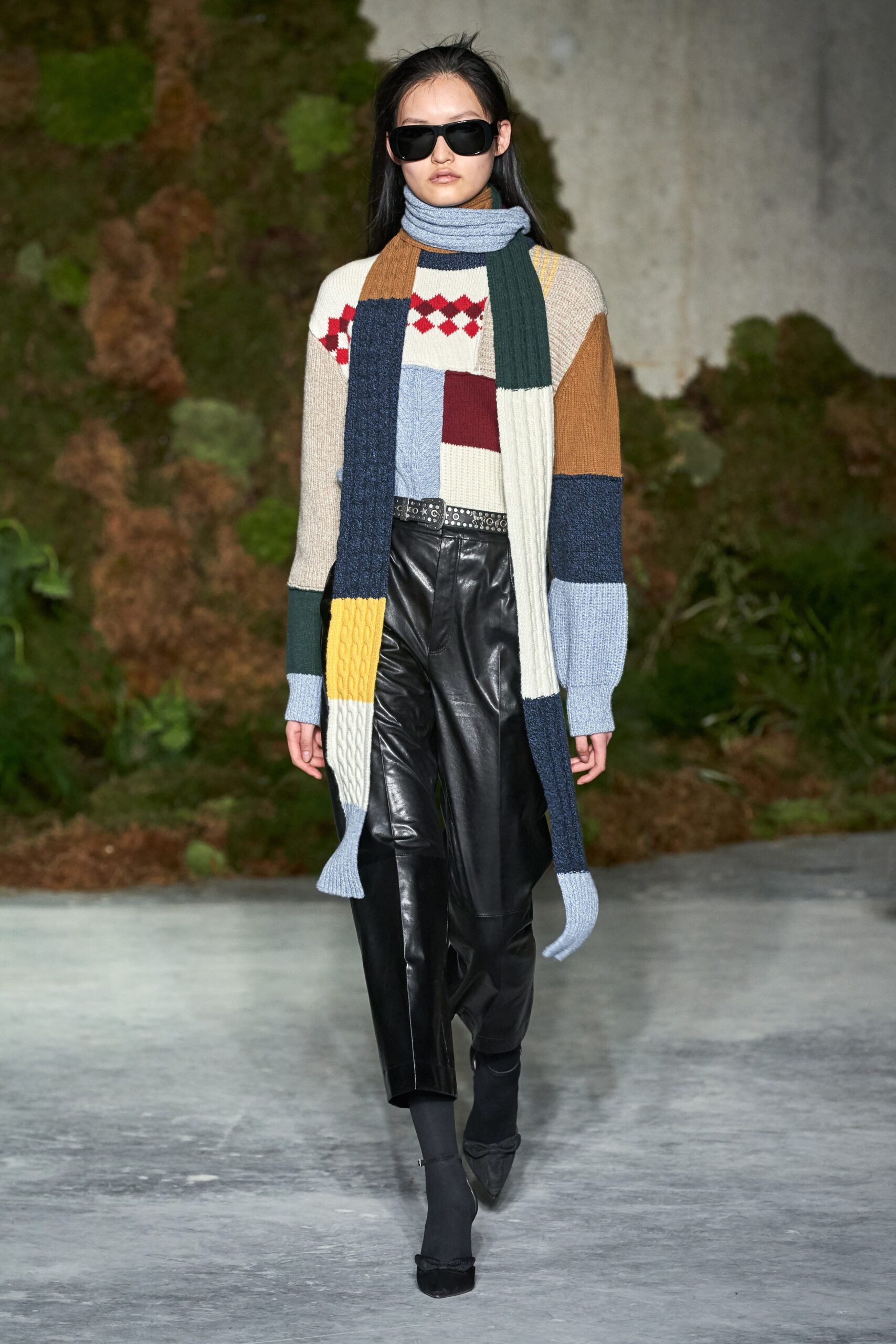color-blocked wool cardigan and leather pants