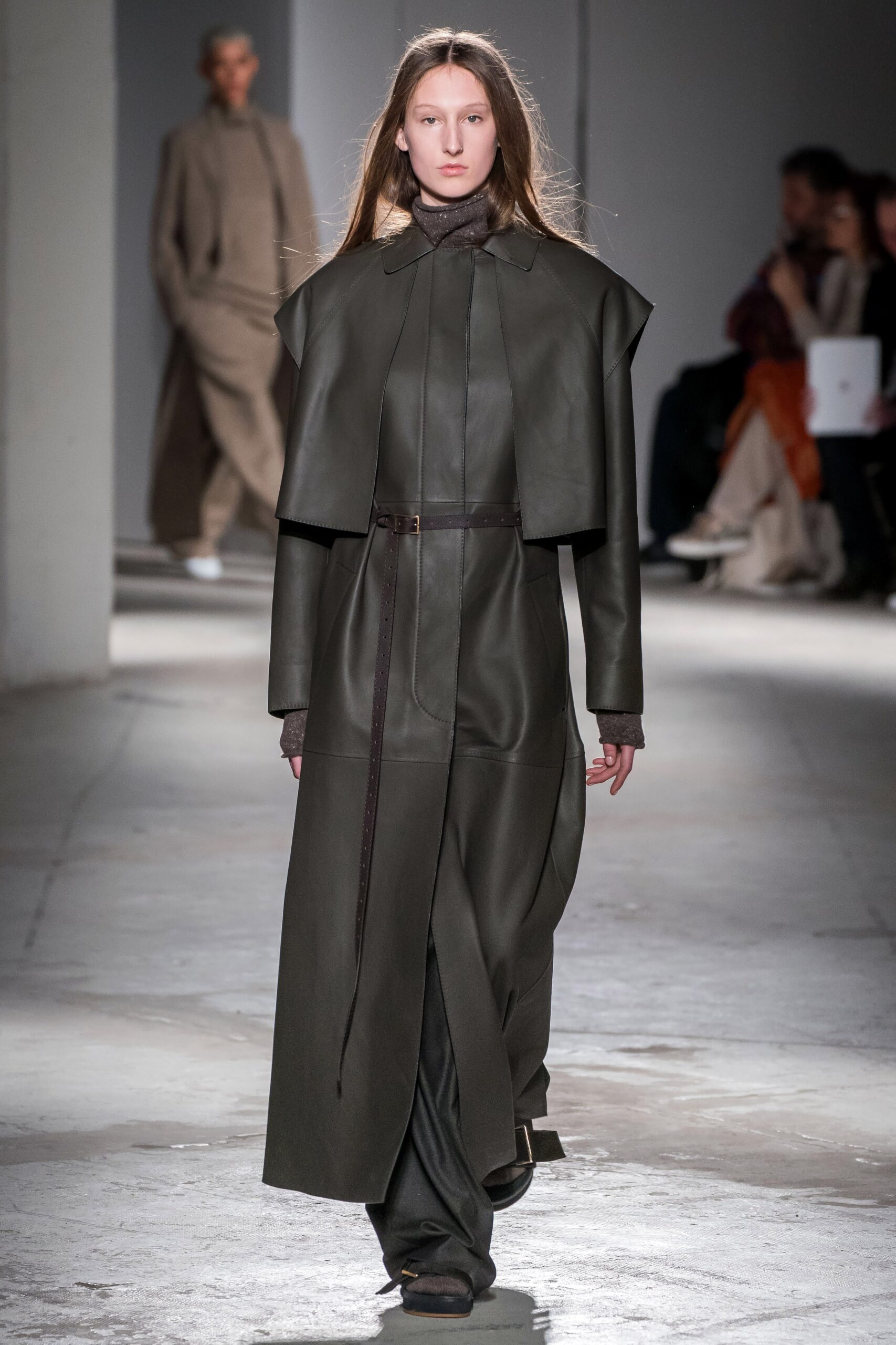 black leather belted coat