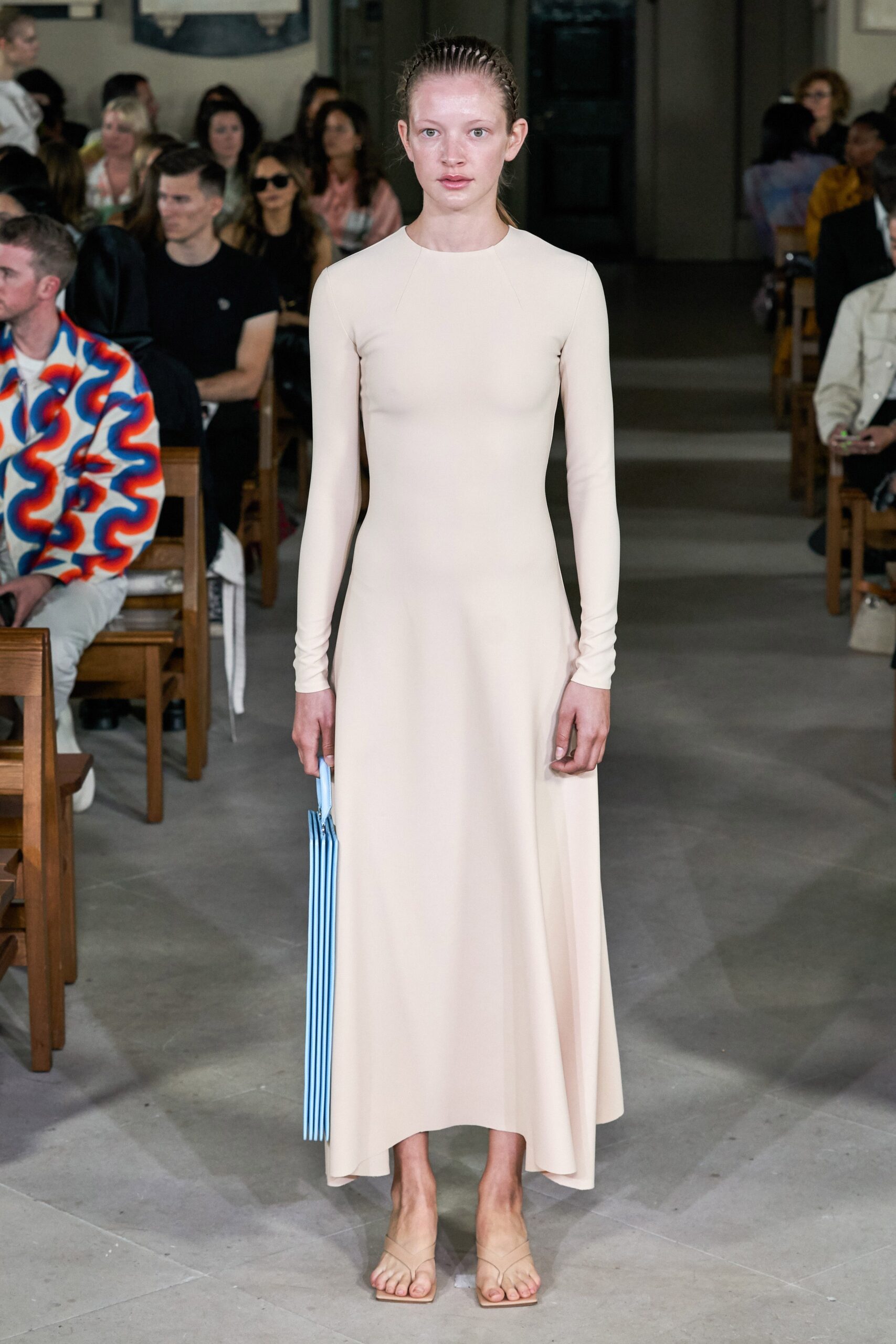 beige fitted long-sleeve dress