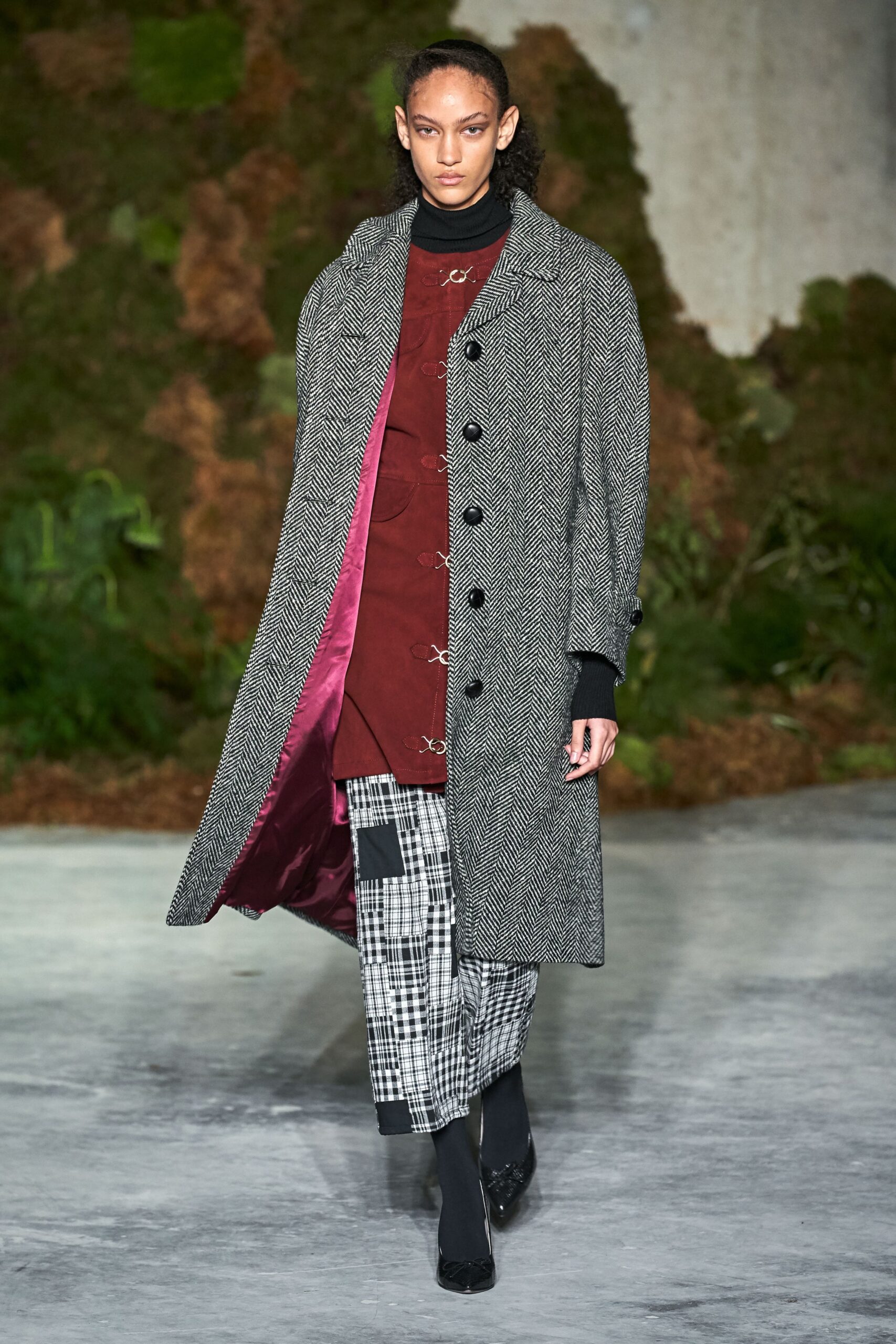 gray wool coat with red dress