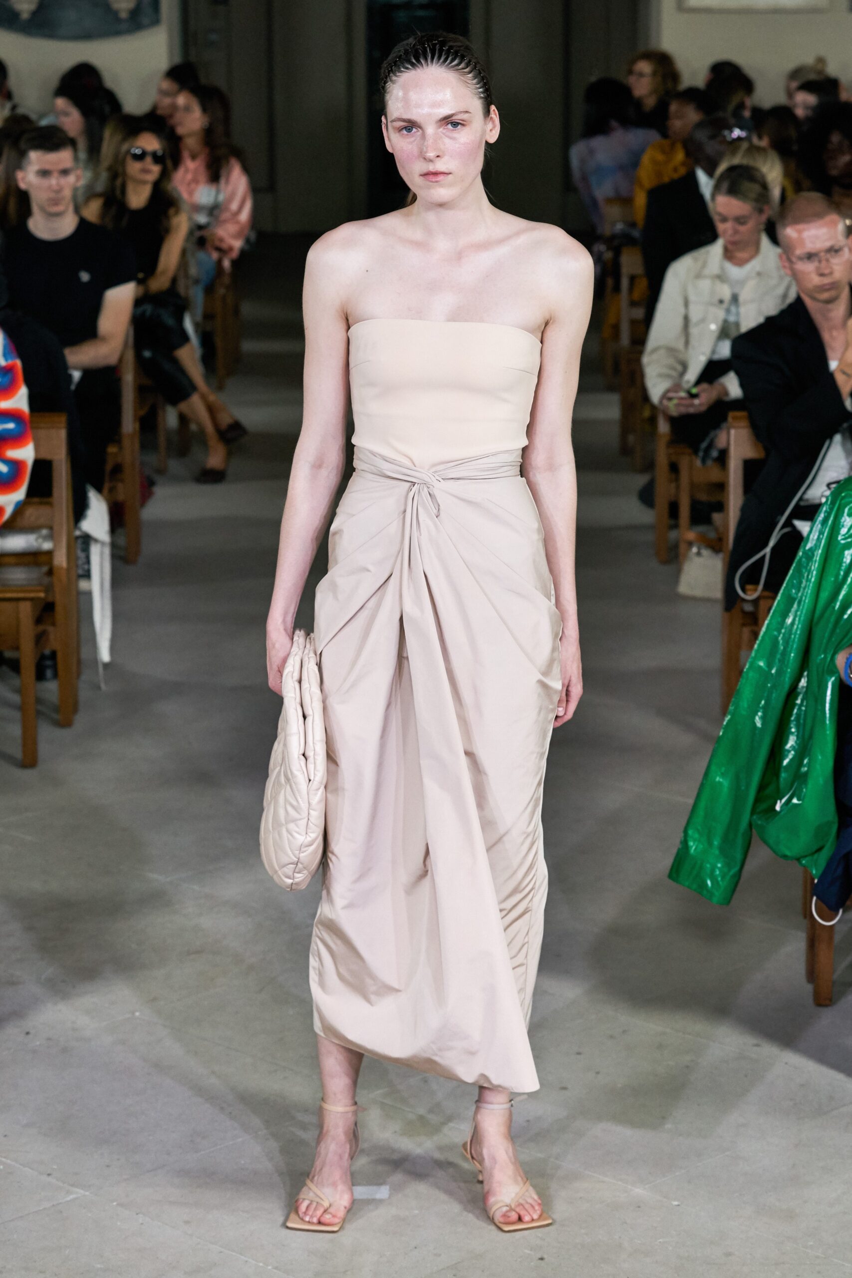 beige cotton strapless wrap fitted draped midi dress