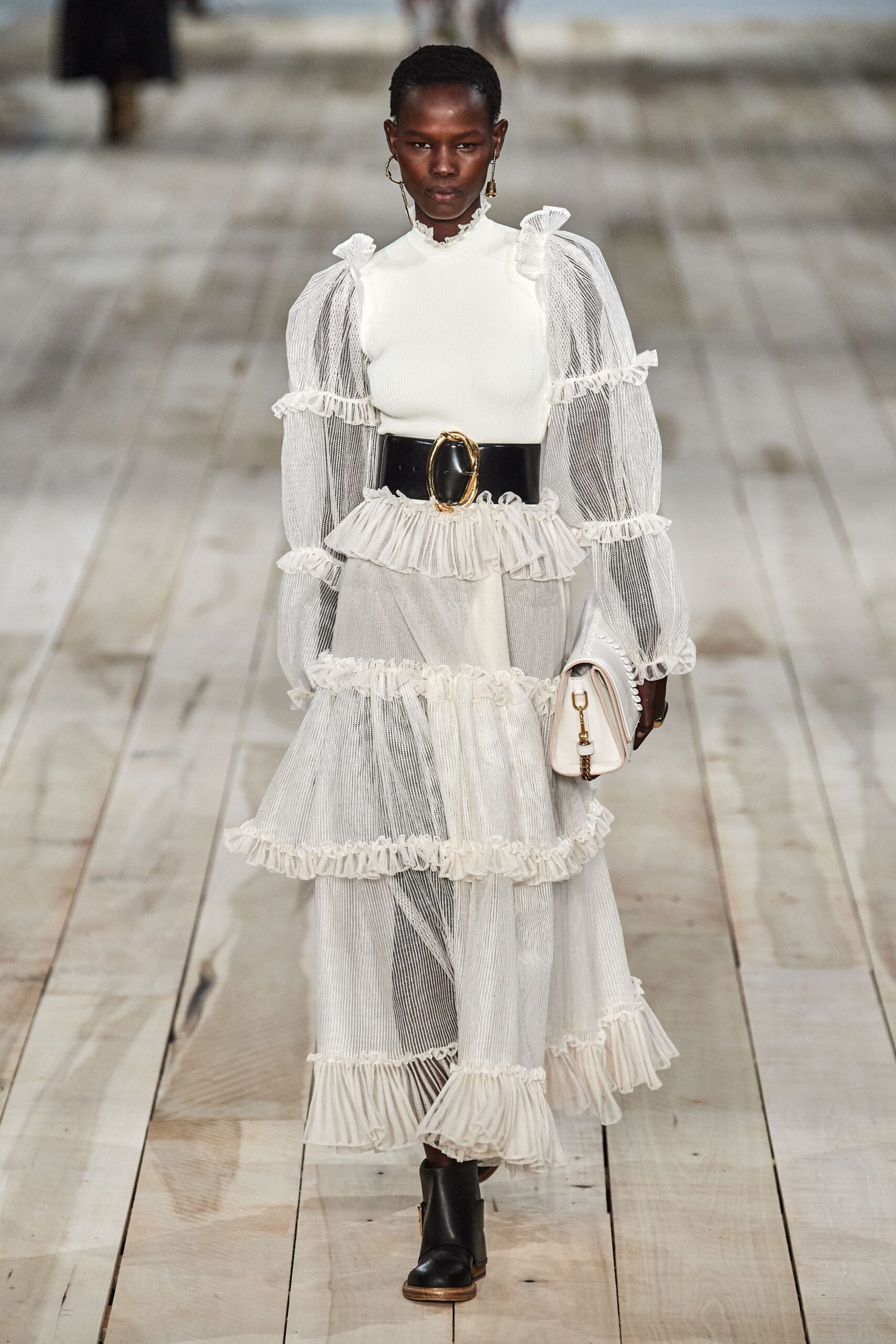 white ruffled midi dress