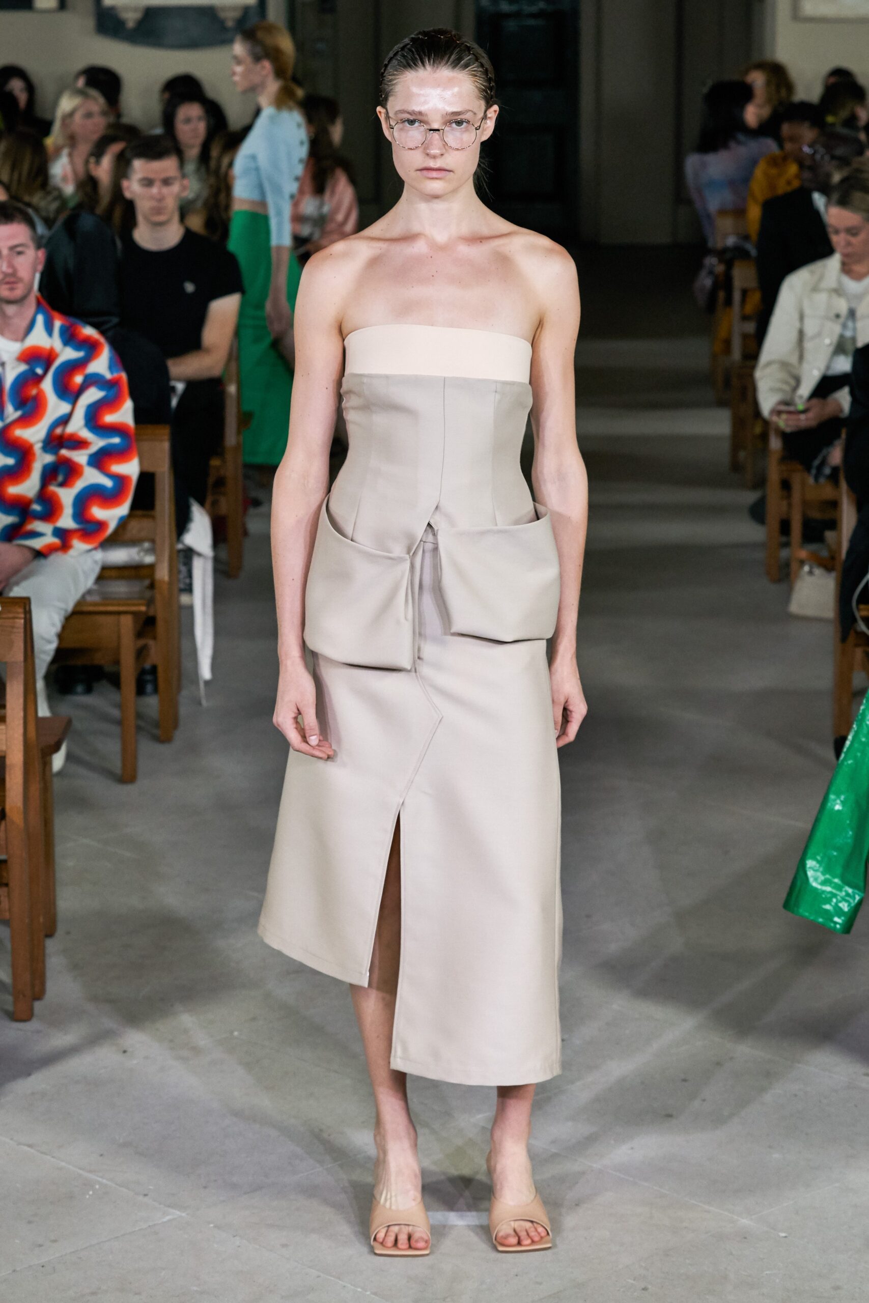 beige leather strapless midi dress