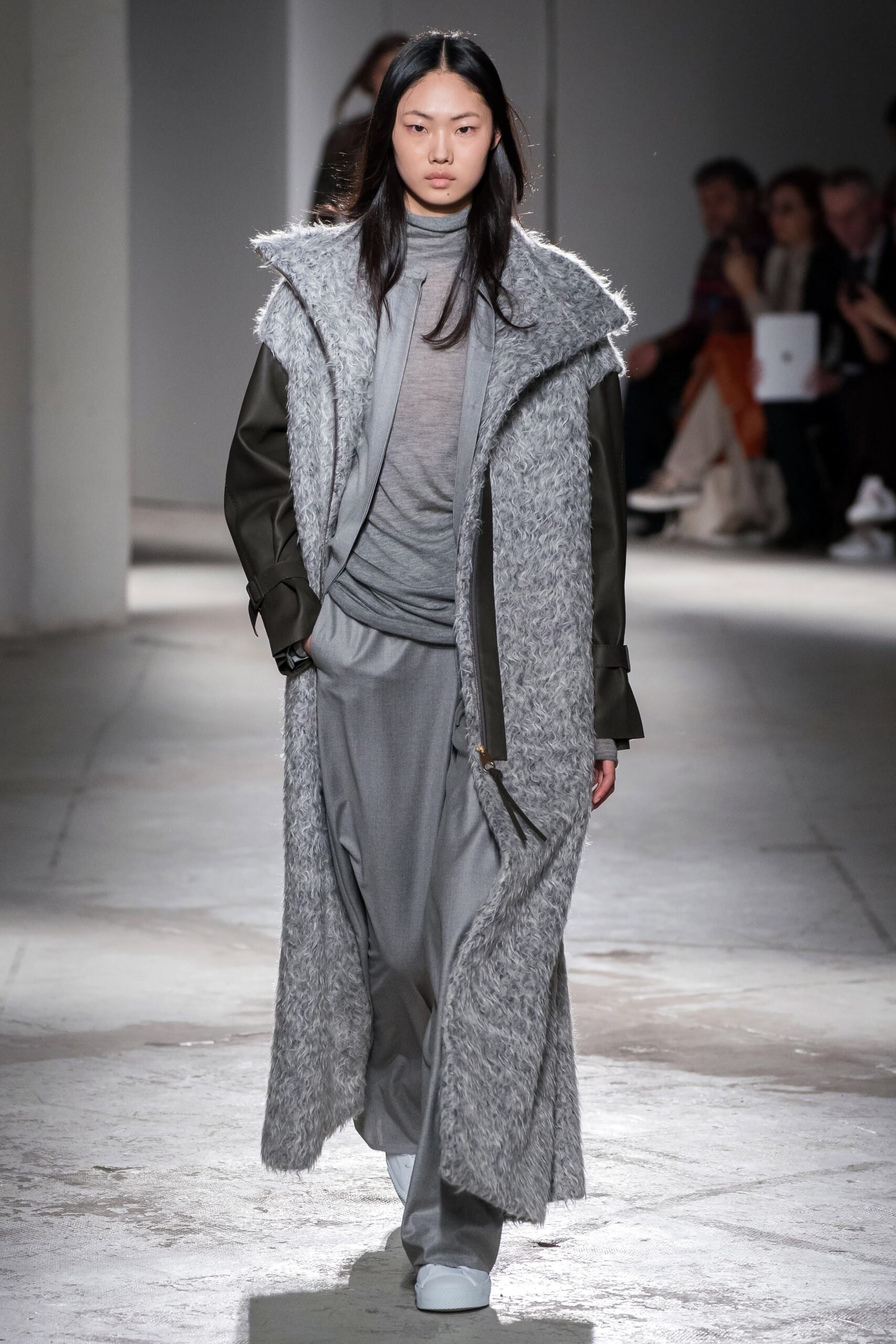 gray wool long-sleeve collared relaxed layered maxi coat