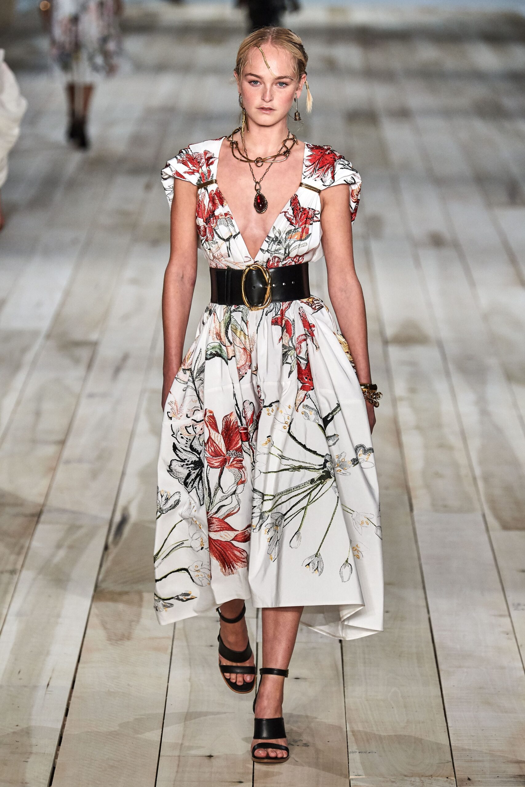 floral midi dress with black belt
