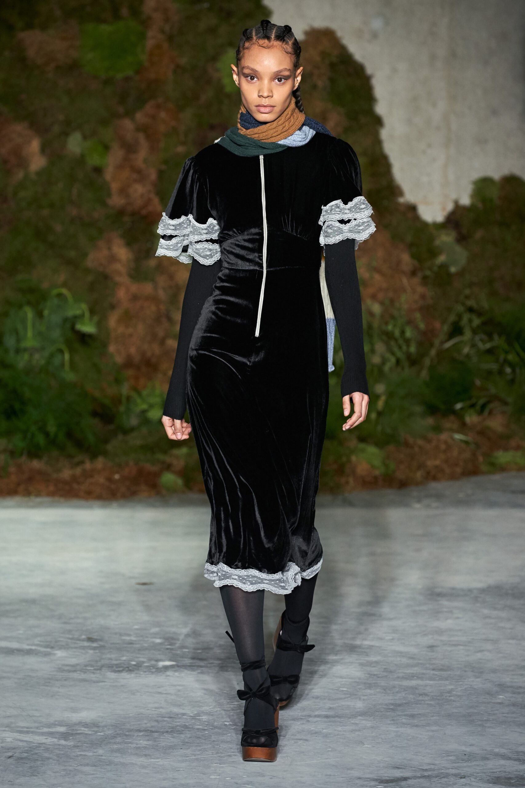 black velvet midi dress with ruffles