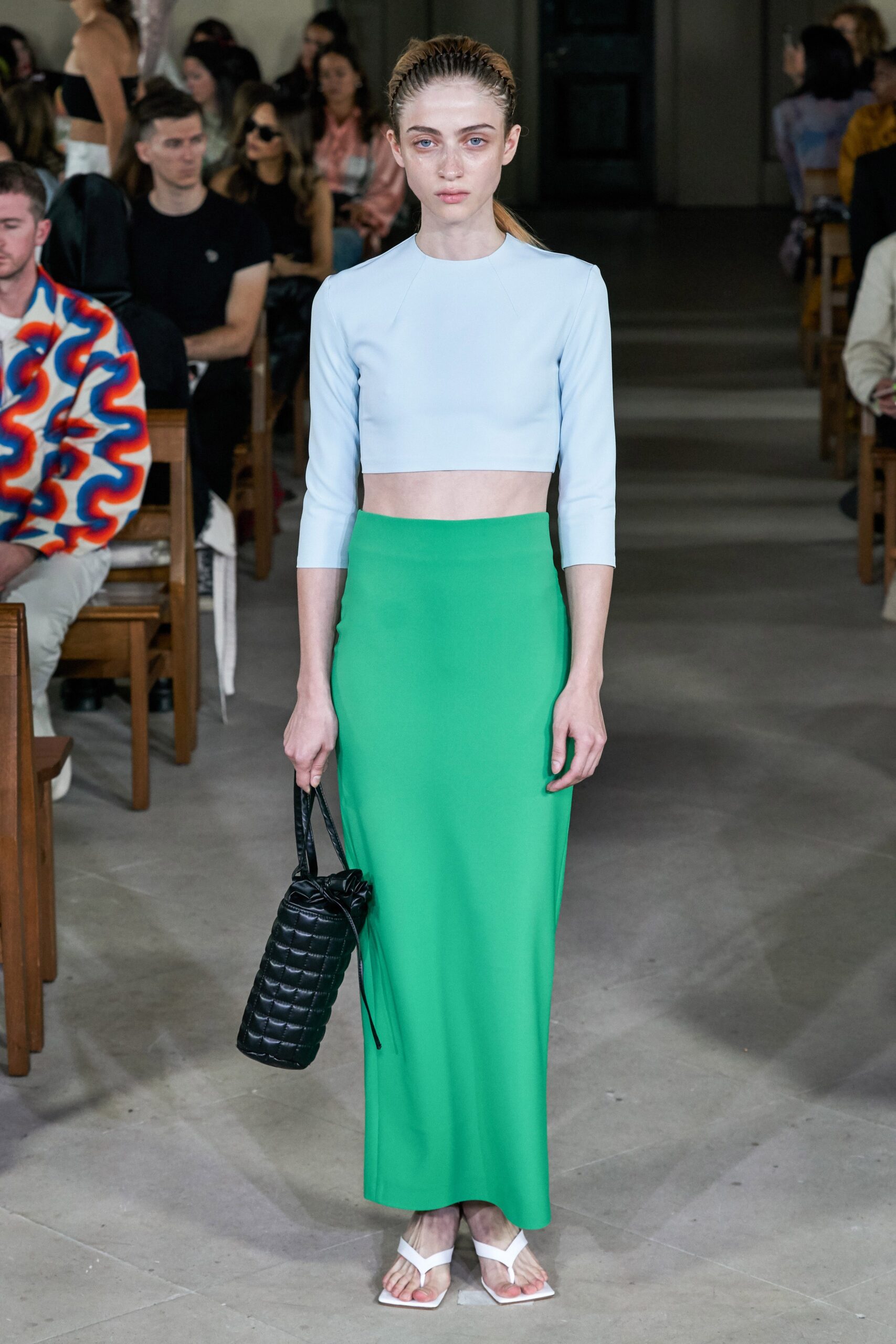 blue cotton long-sleeve collared fitted cropped top