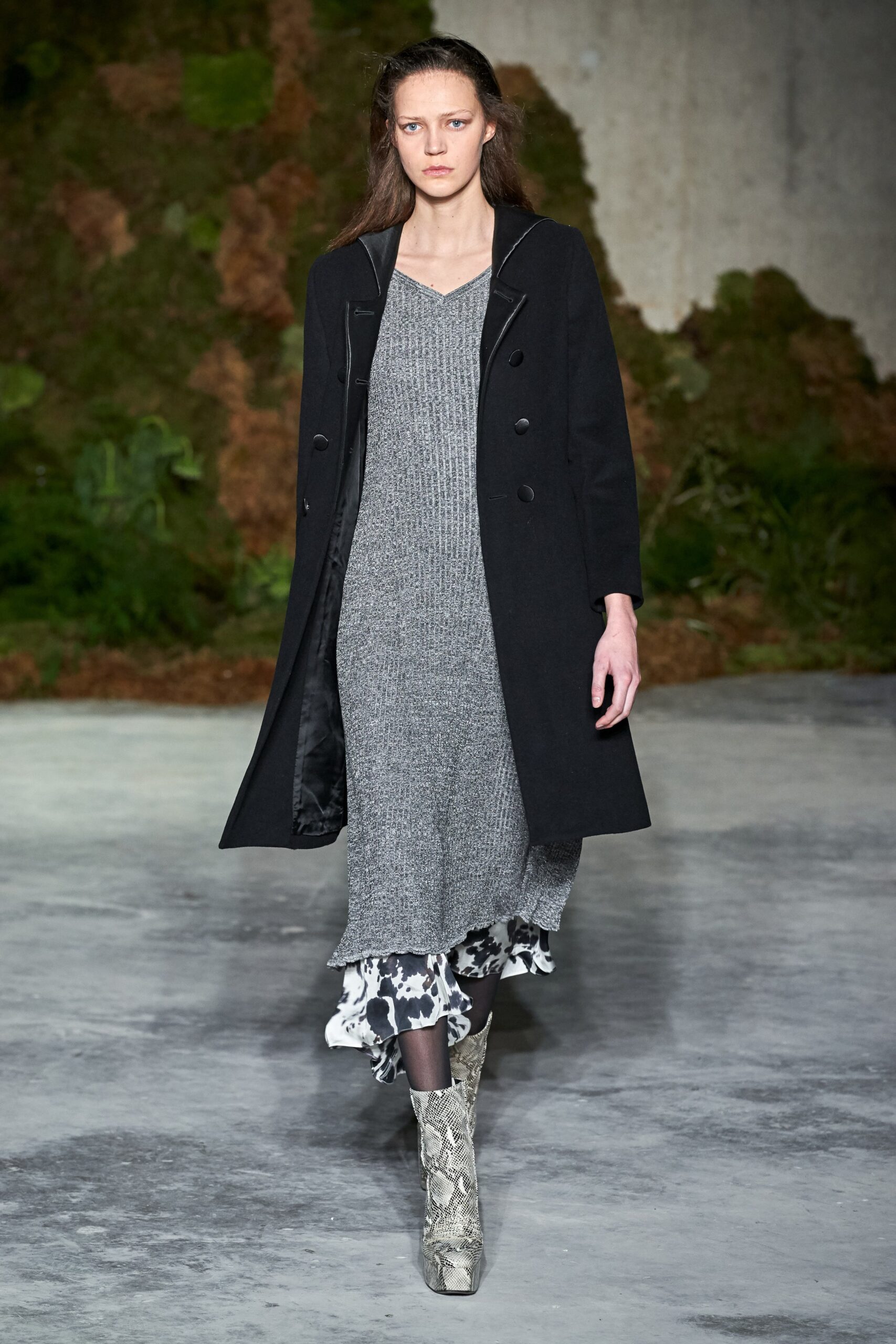 black wool coat gray knit dress